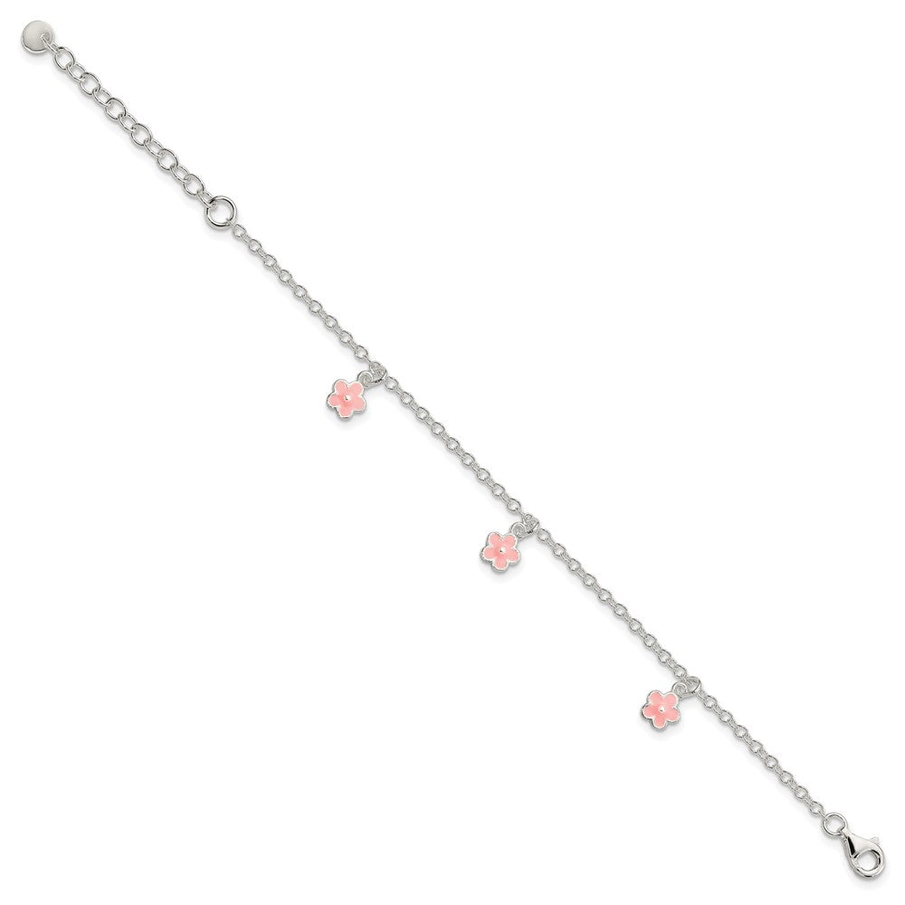 Sterling Silver Polished Pink Enamel Flowers w/1.5in Ext Children's Bracele