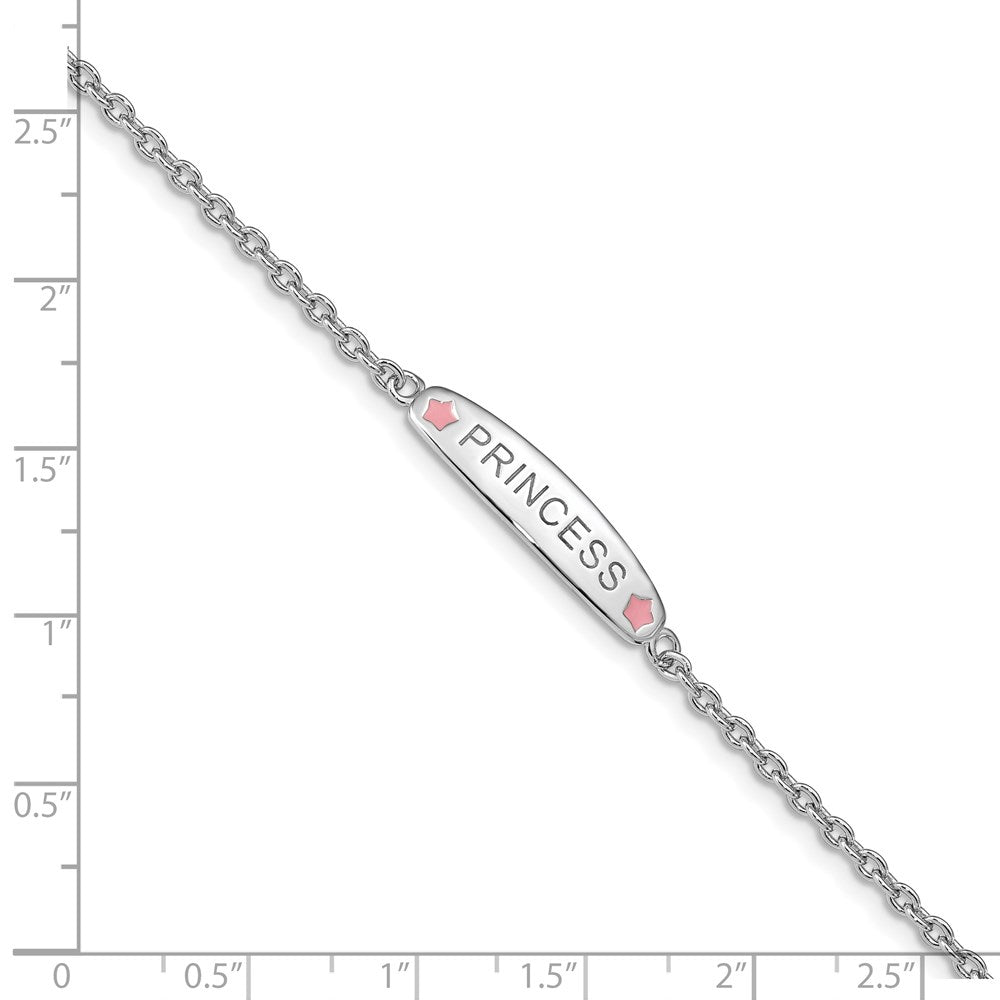 Sterling Silver Rhodium-plated Polished & Pink Enameled PRINCESS with 1 Inch Extension Children's Bracelet