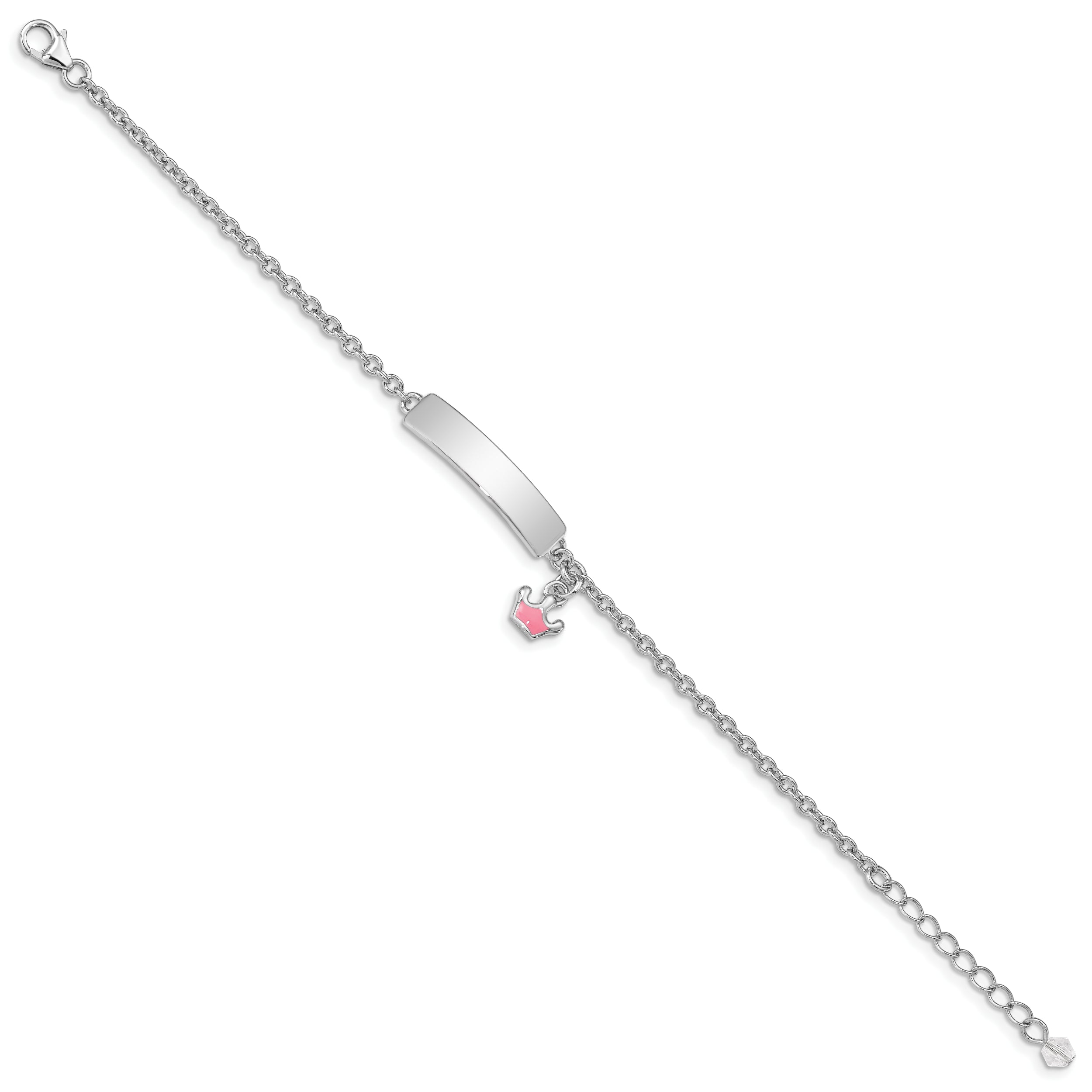 Sterling Silver Rhodium-plated Polished & Pink Enameled Crown with 1 Inch Extension Children's ID Bracelet