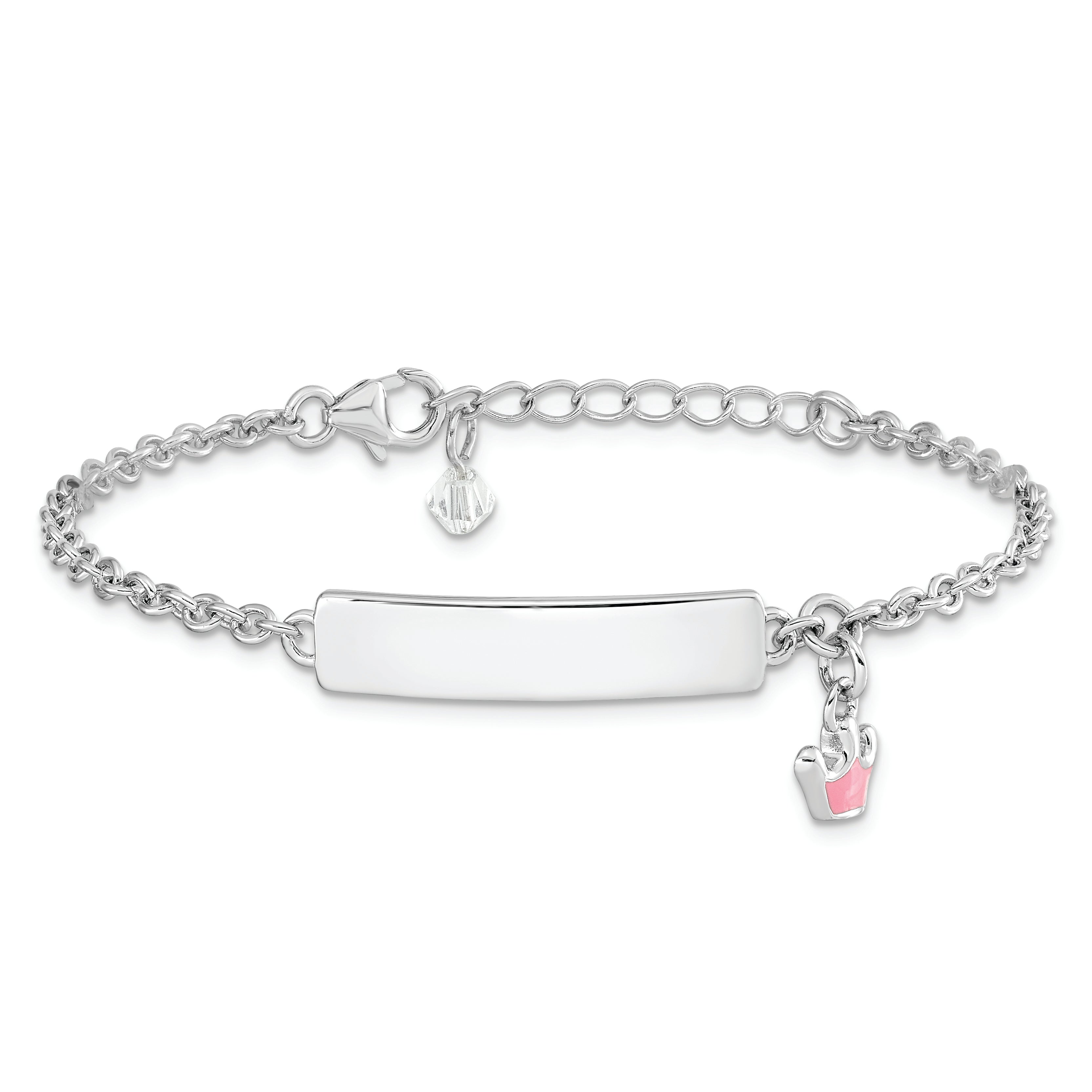Sterling Silver Rhodium-plated Polished & Pink Enameled Crown with 1 Inch Extension Children's ID Bracelet
