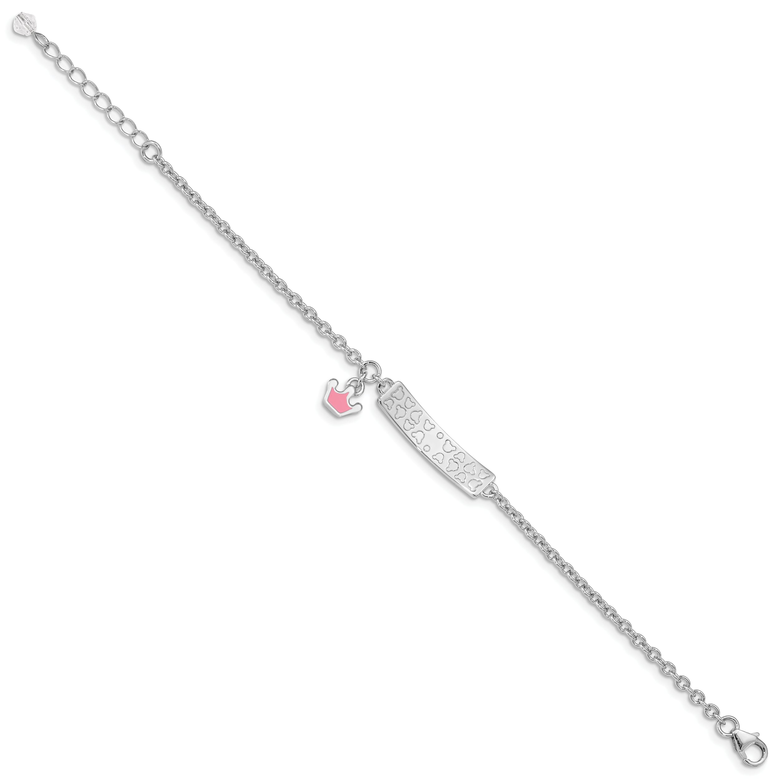 Sterling Silver Rhodium-plated Polished & Pink Enameled Crown with 1 Inch Extension Children's ID Bracelet