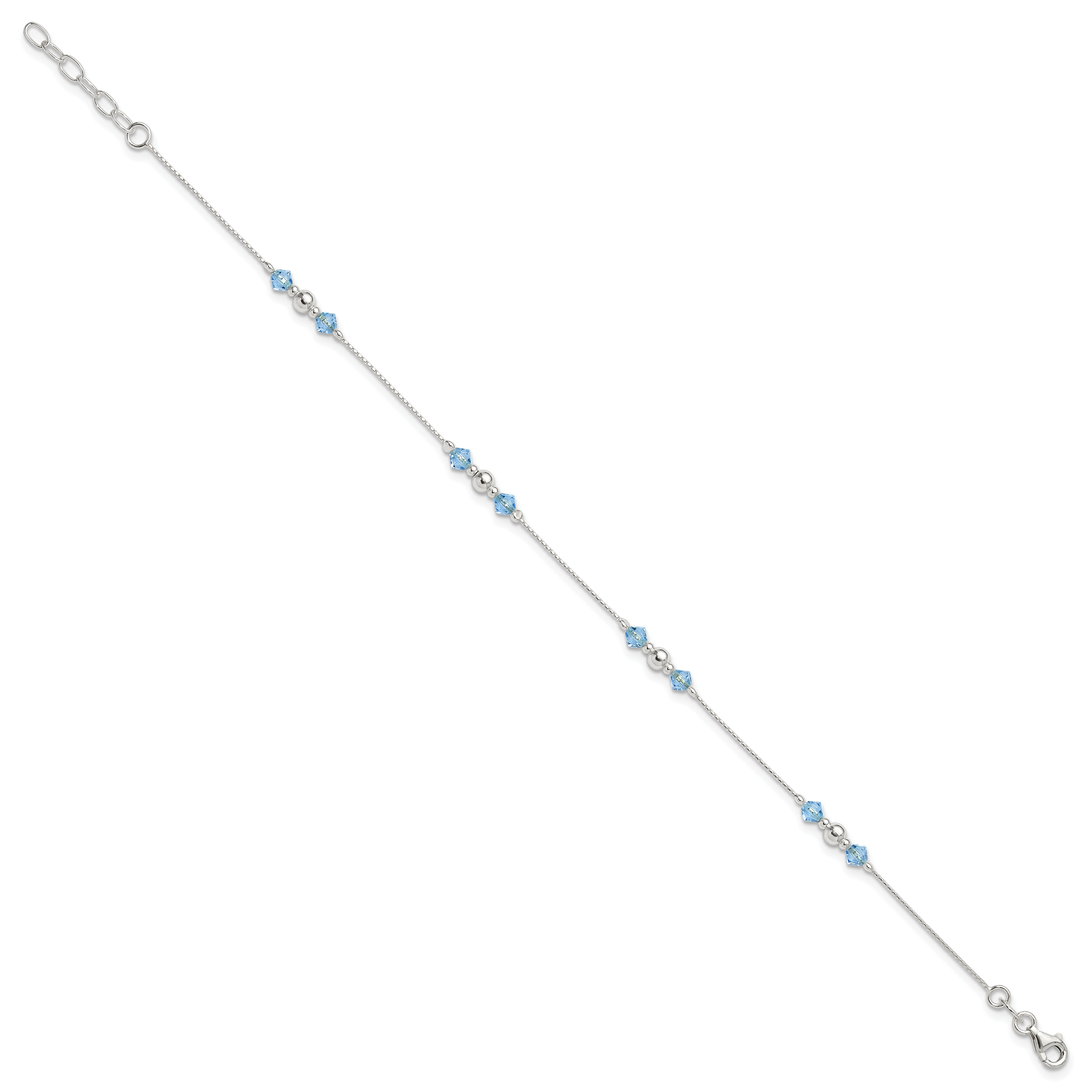 Sterling Silver Polished Bead and CZ 9in Plus 1in. Ext. Anklet