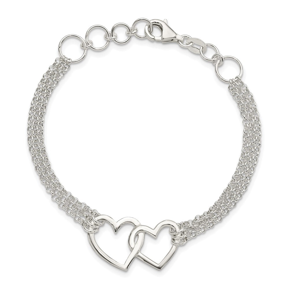 Sterling Silver Polished 3-strand w/.5in. Ext. Heart Bracelet