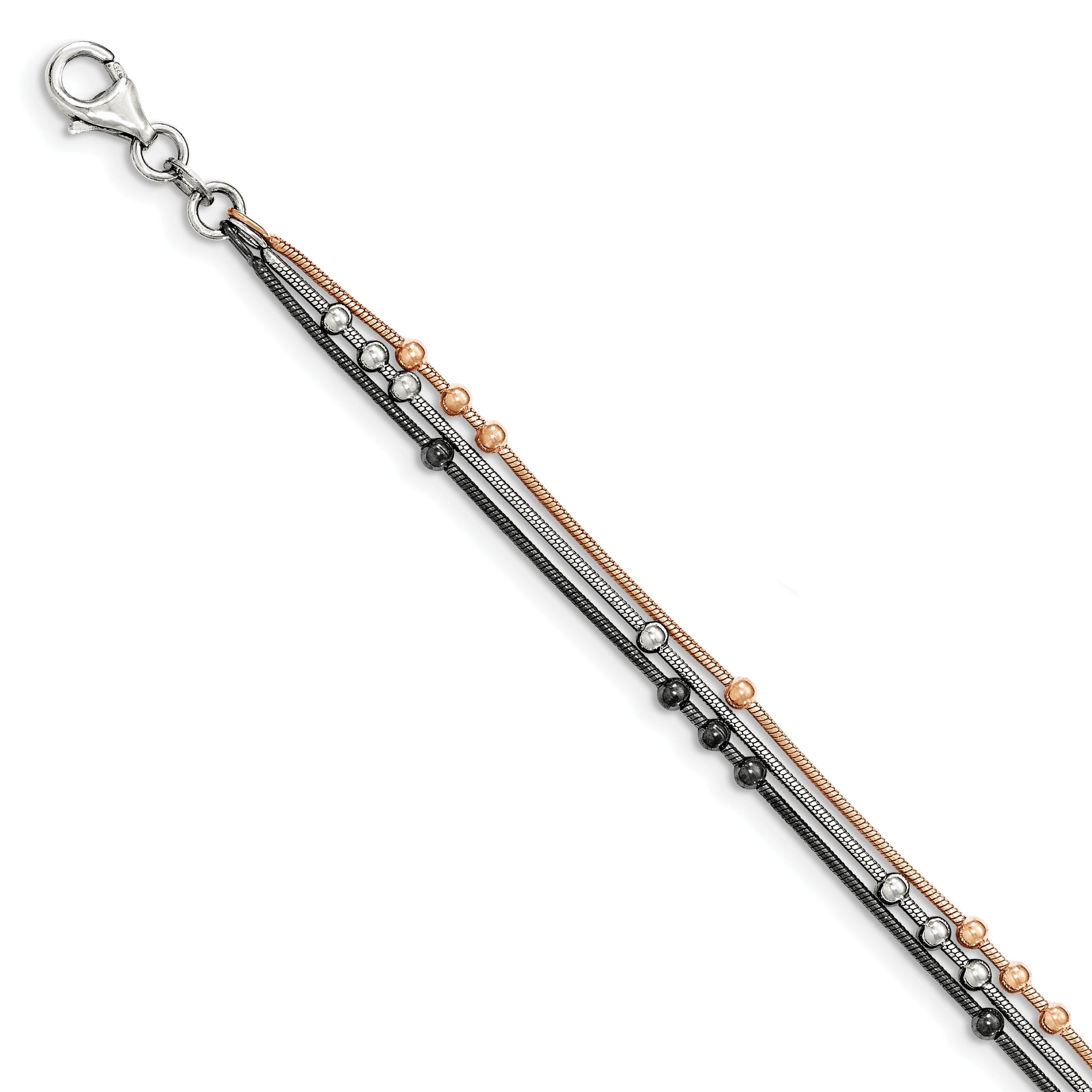 Sterling Silver Rose-tone/Ruthenium-plated Bracelet w/1 ext.