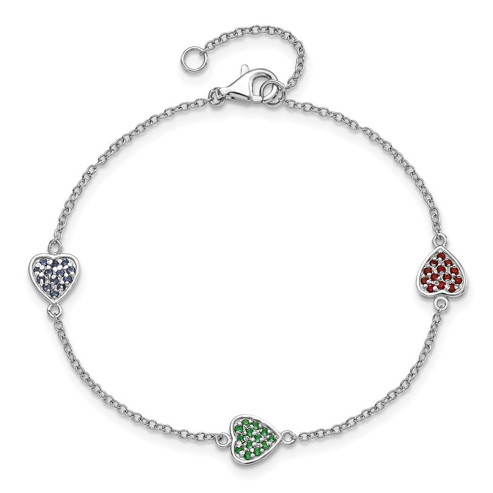 Sterling Silver Rhodium-plated Red, Green and Blue Glass Hearts with 1 Inch Extension Bracelet