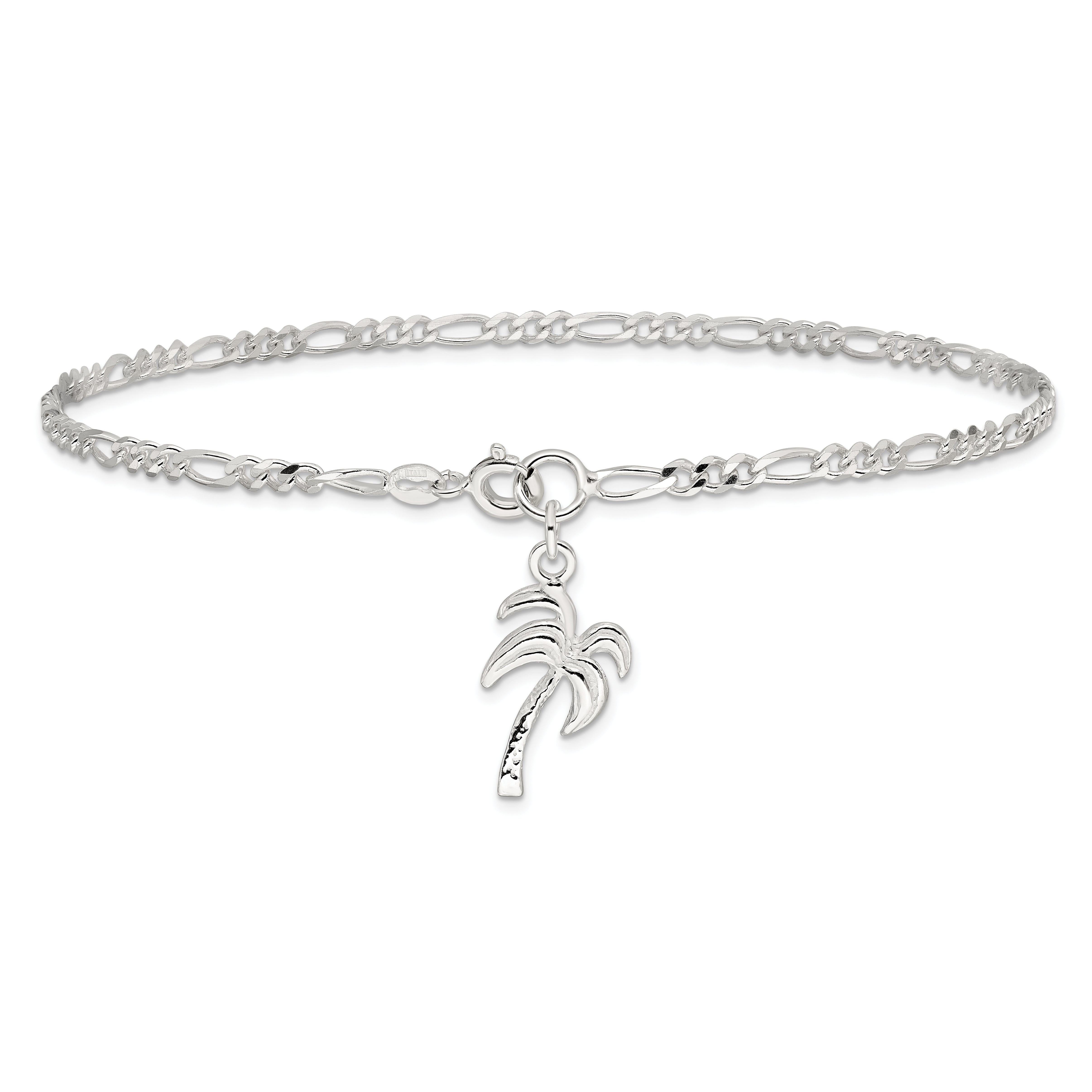 Sterling Silver 10inch Solid Polished Palm Tree Anklet