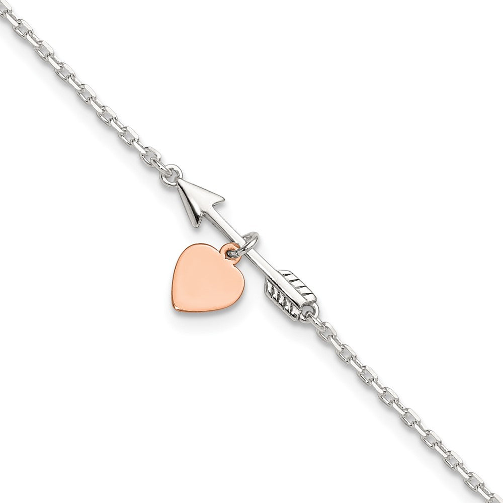 Sterling Silver Arrow with Rose-tone Heart 10in Plus 1 inch Ext Anklet