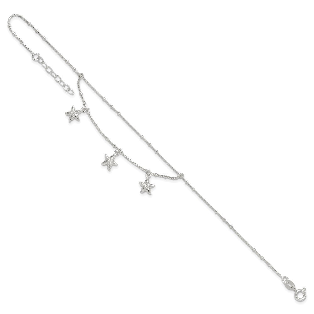 Sterling Silver Polished 2-Strand Starfish 9in Plus 1in Ext Anklet