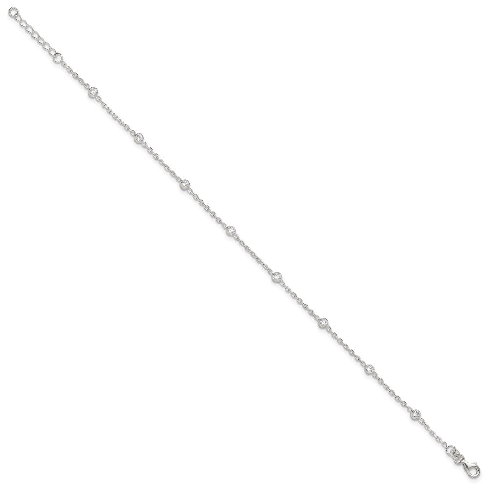 Sterling Silver Polished w/CZ 9 inch Plus1 inch Ext. Anklet