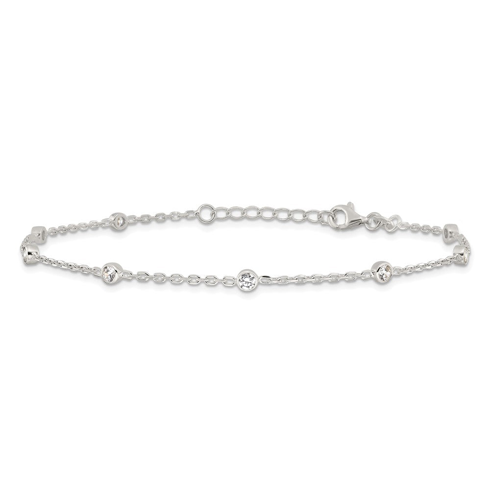 Sterling Silver Polished w/CZ 9 inch Plus1 inch Ext. Anklet