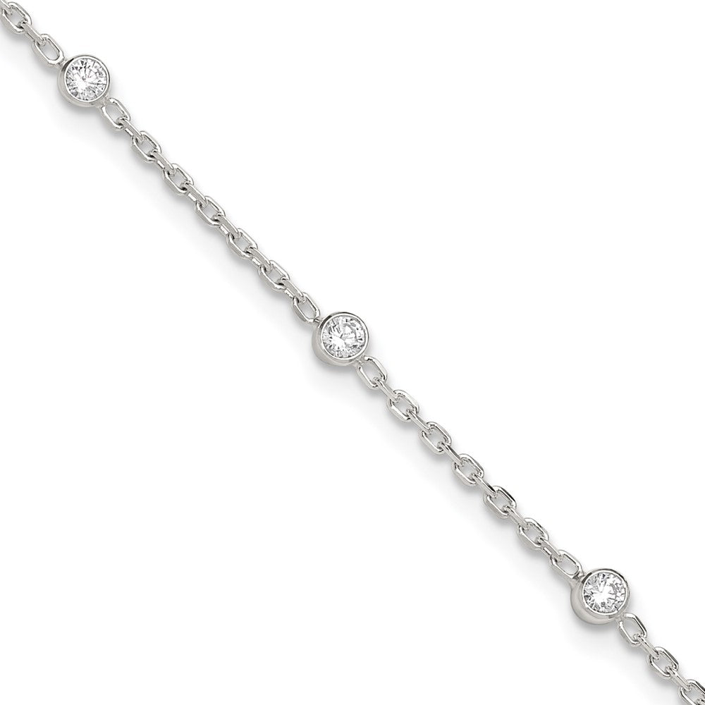 Sterling Silver Polished w/CZ 9 inch Plus1 inch Ext. Anklet