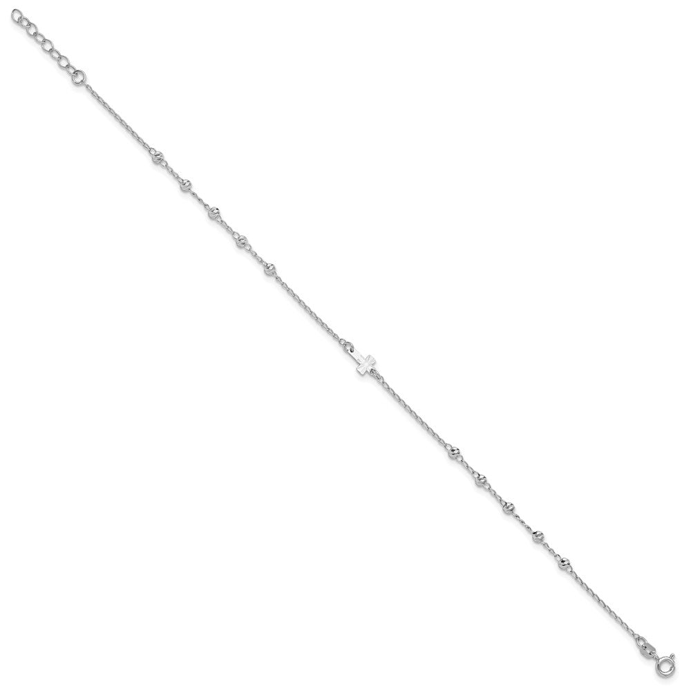 Sterling Silver Rhod-plated Diamond-cut Beads 9in Plus 1in Ext. Cross Ankle