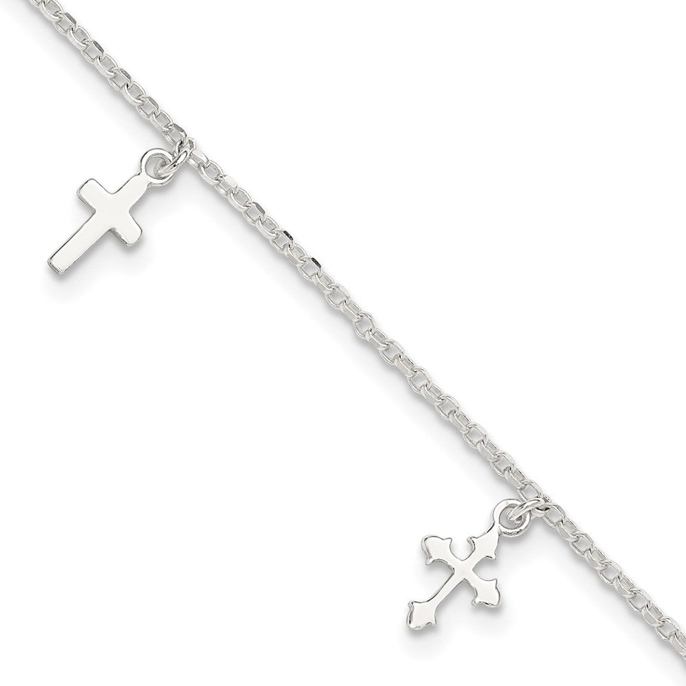 Sterling Silver Polished Cross Dangle 9in Plus 1in Ext Anklet
