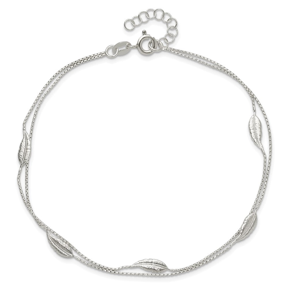 Sterling Silver Polished 2-Strand Feather 9in Plus 1in Ext Anklet
