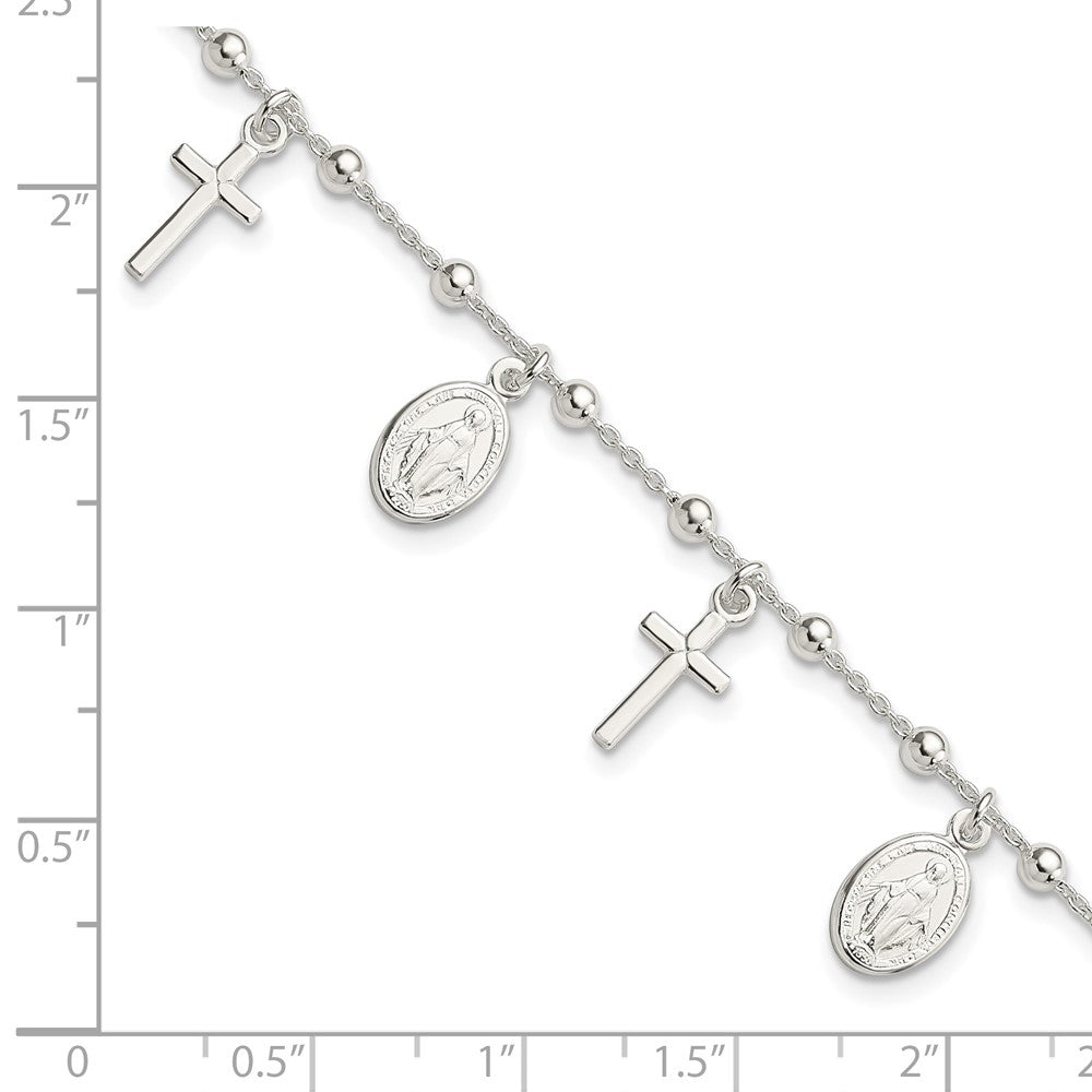 Sterling Silver Polished w/1in ext Cross Miraculous Medal Bracelet