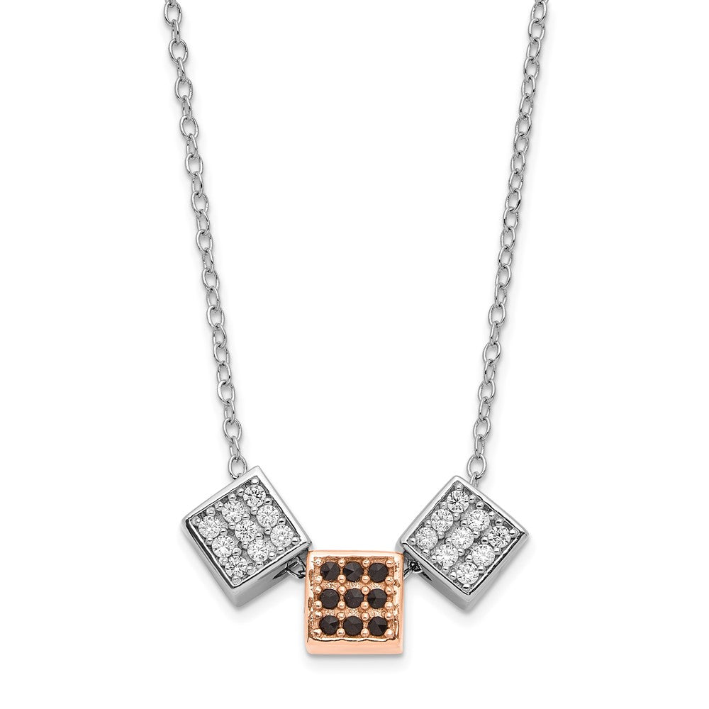 Sterling Silver Rhodium & Rose-tone w/ Black Onyx & CZ Cube Necklace