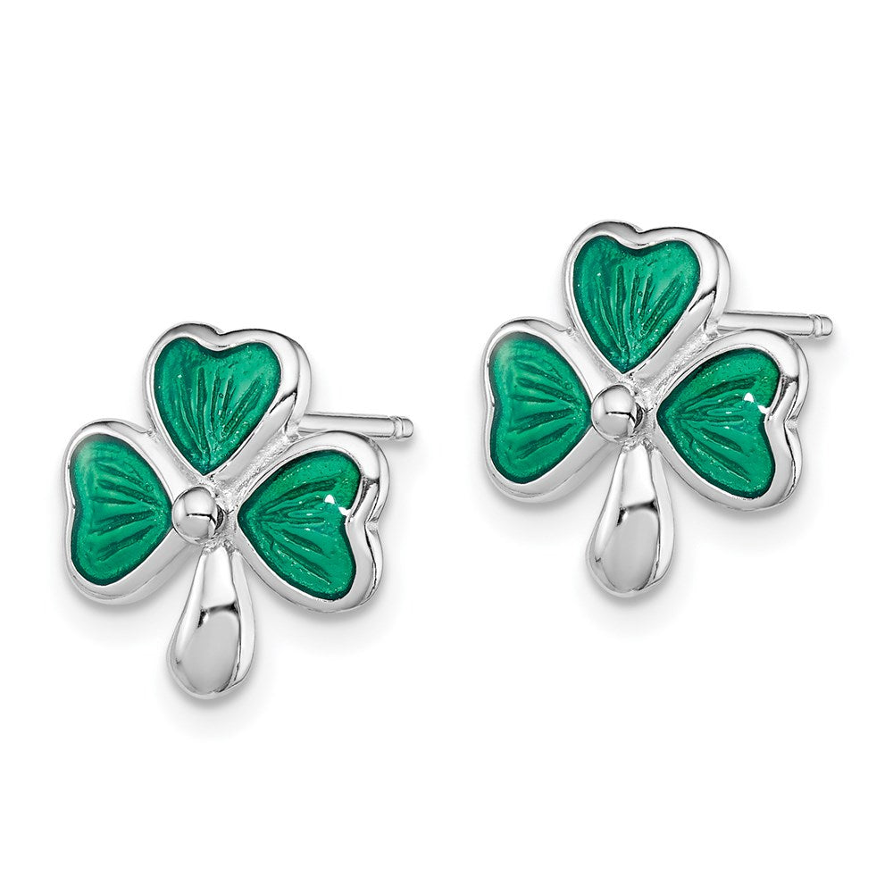 Sterling Silver Madi K Rhodium-plated Polished Green Enameled Shamrock Children's Post Earrings