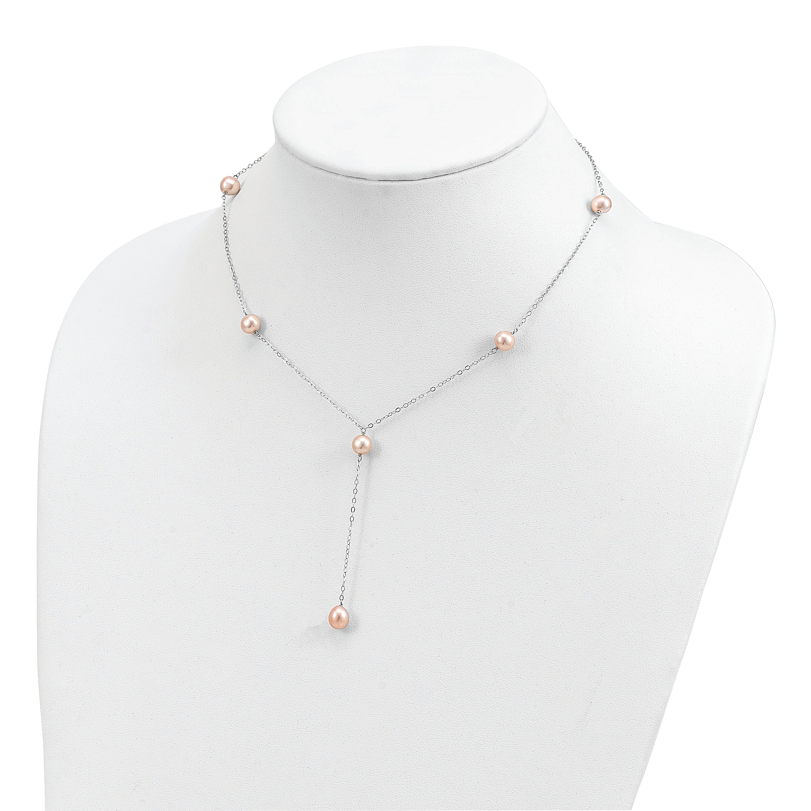 Sterling Silver Rhodium-plated 6-8mm Pink Teardrop and Semi-Round Freshwater Cultured Pearl 6-Station Y-Drop 16 inch Necklace
