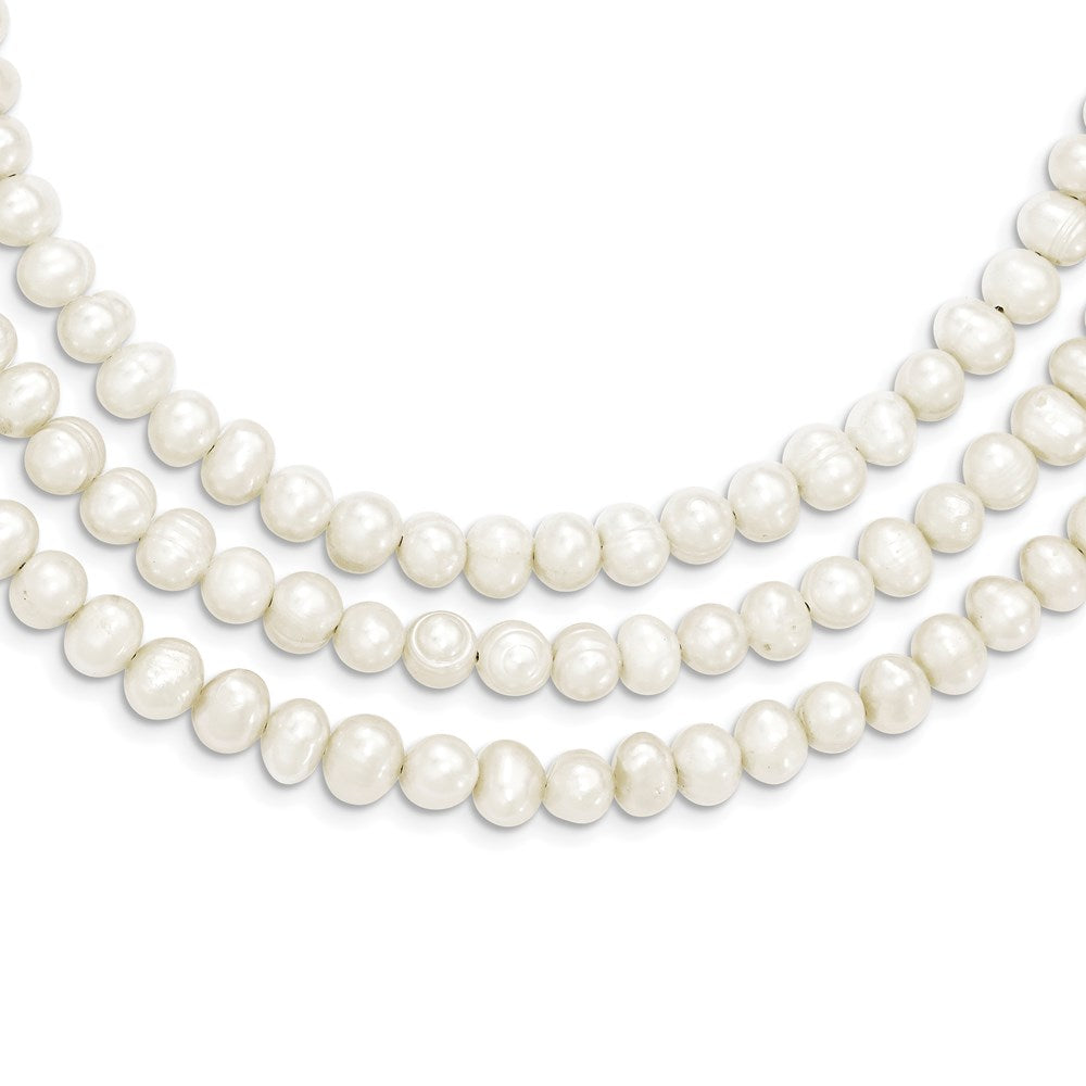 Sterling Silver Triple Strand White FW Cultured Pearl Necklace