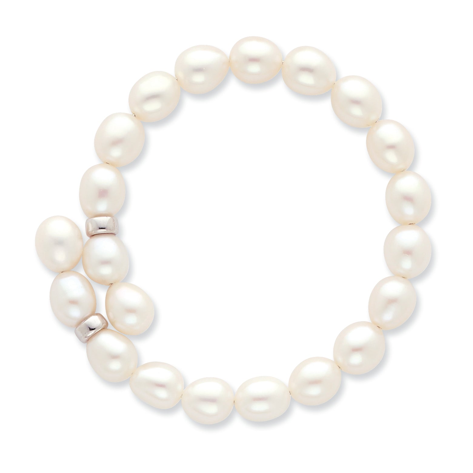 Sterling Silver Rhodium-plated 7-8mm White Rice Freshwater Cultured Pearl Flexible 7.5 inch Bracelet