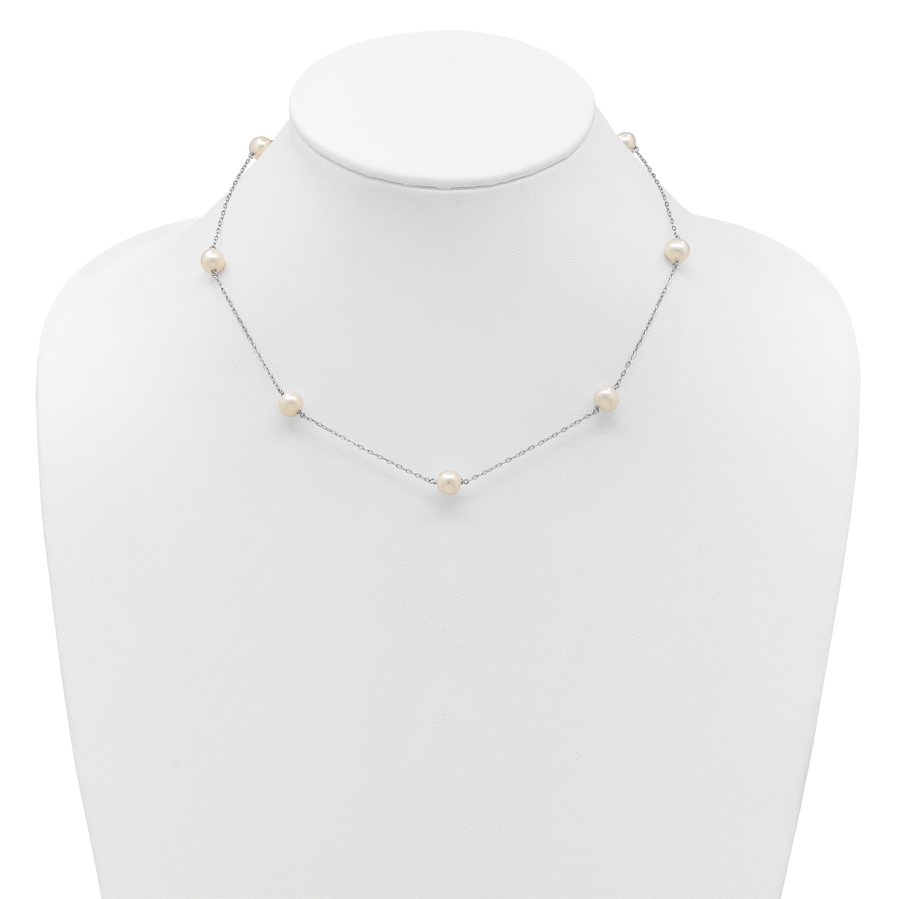 Sterling Silver Rhodium-plated 7-8mm White Near-Round Freshwater Cultured Pearl 7-Station 17 inch with 2 inch Extension Necklace