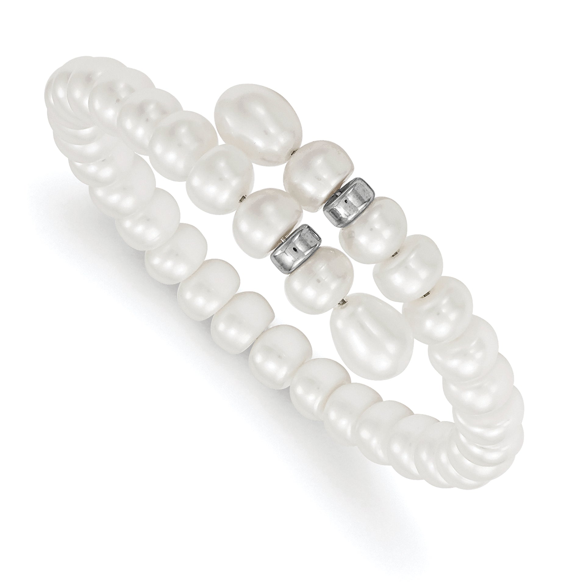 Sterling Silver Rhodium-plated 6-8mm White Button and Rice Freshwater Cultured Pearl Flexible 7.5 inch Bracelet