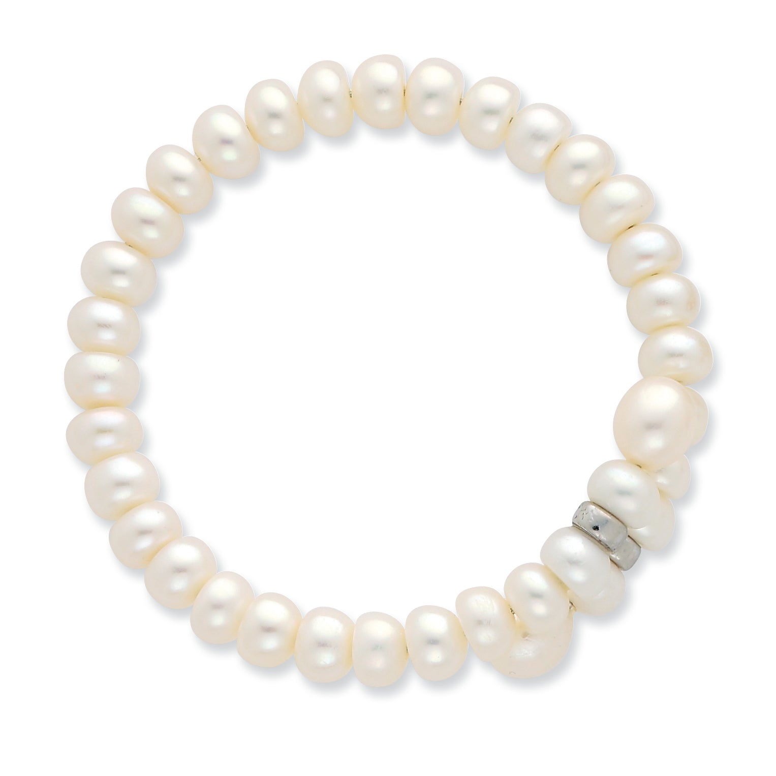 Sterling Silver Rhodium-plated 6-8mm White Button and Rice Freshwater Cultured Pearl Flexible 7.5 inch Bracelet