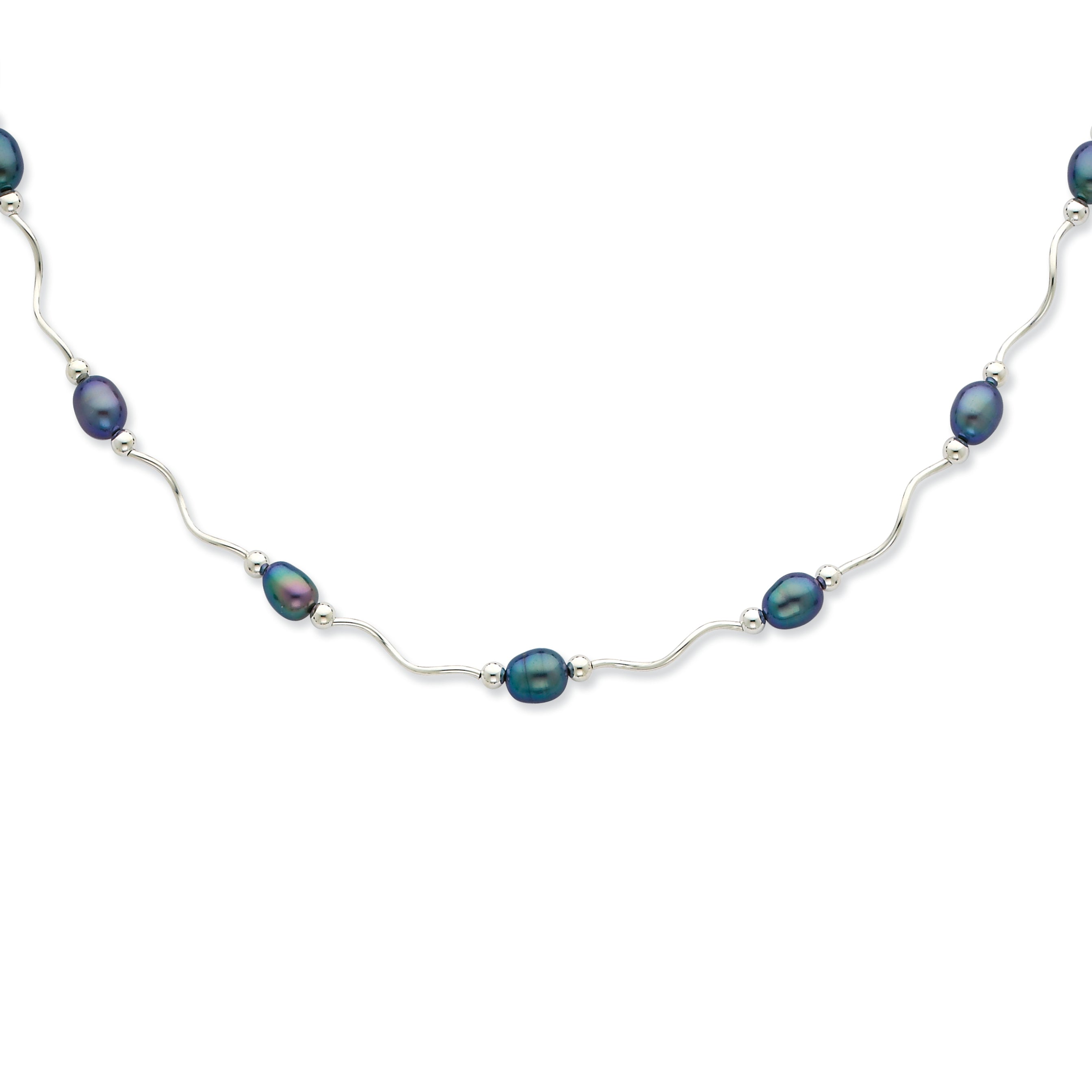 Sterling Silver Rhodium-plated 6-7mm Black Rice Freshwater Cultured Pearl 16-Station 18 inch Necklace