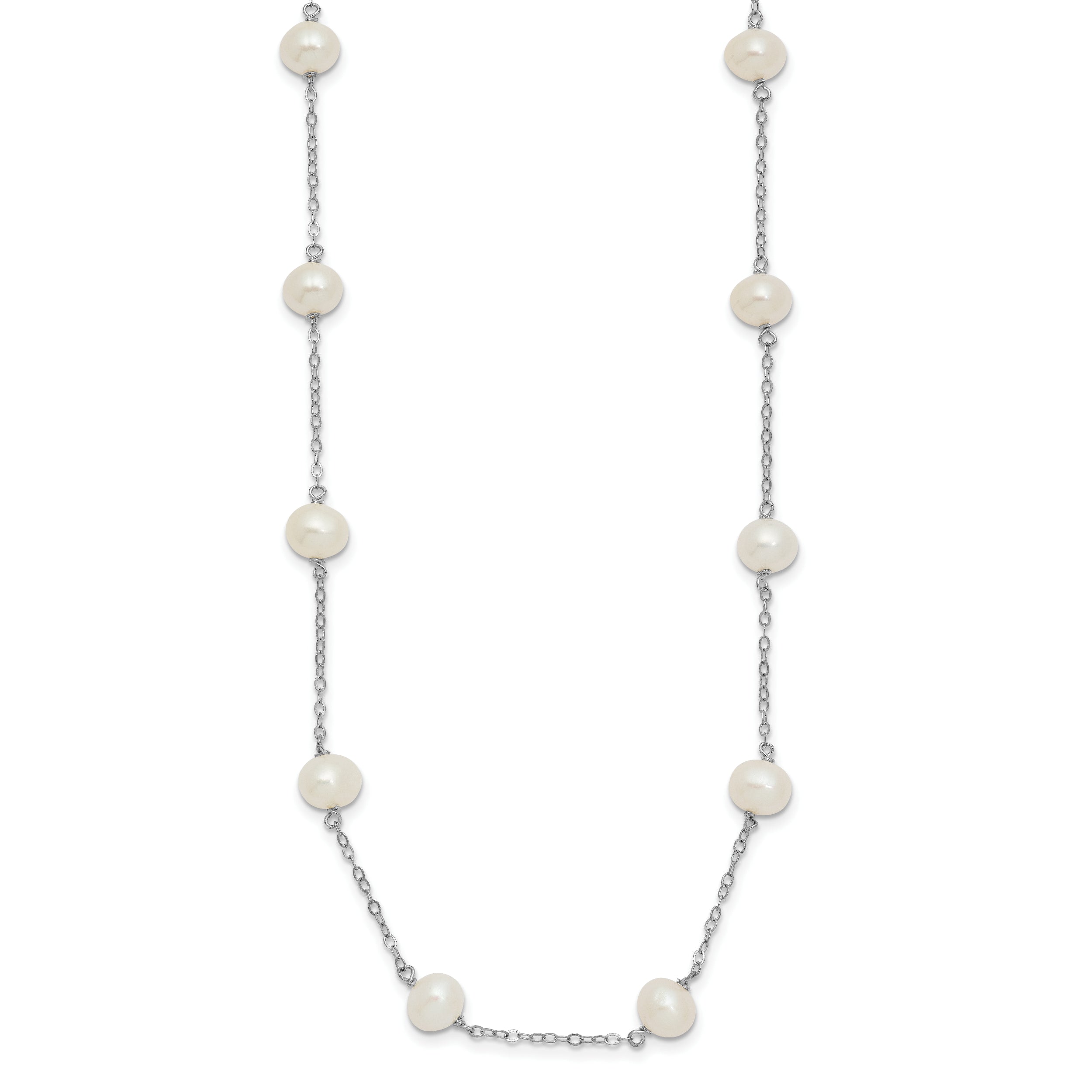 Sterling Silver Rhodium-plated 6-7mm White Near-Round Freshwater Cultured Pearl 14-Station 18 inch Necklace