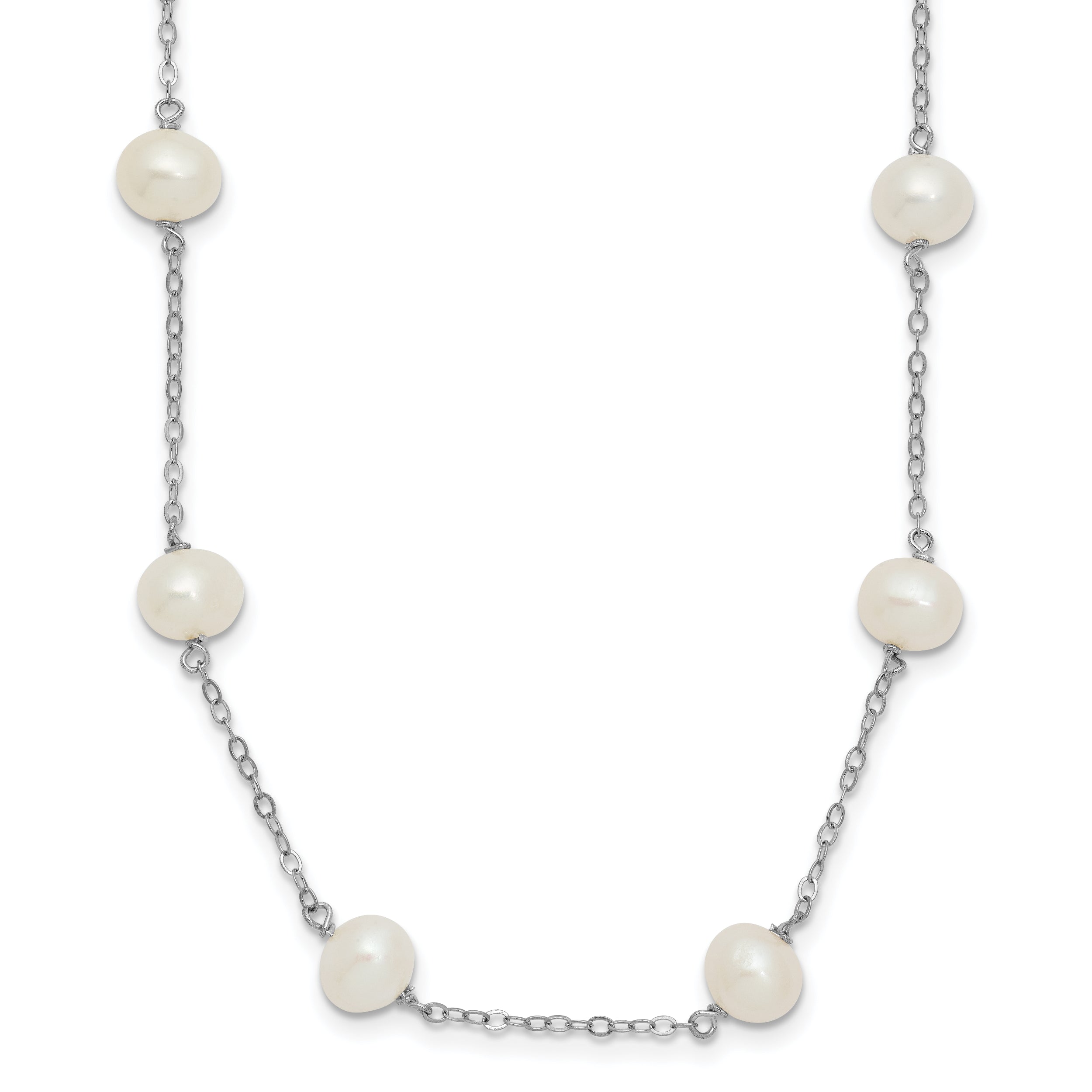 Sterling Silver Rhodium-plated 6-7mm White Near-Round Freshwater Cultured Pearl 14-Station 18 inch Necklace