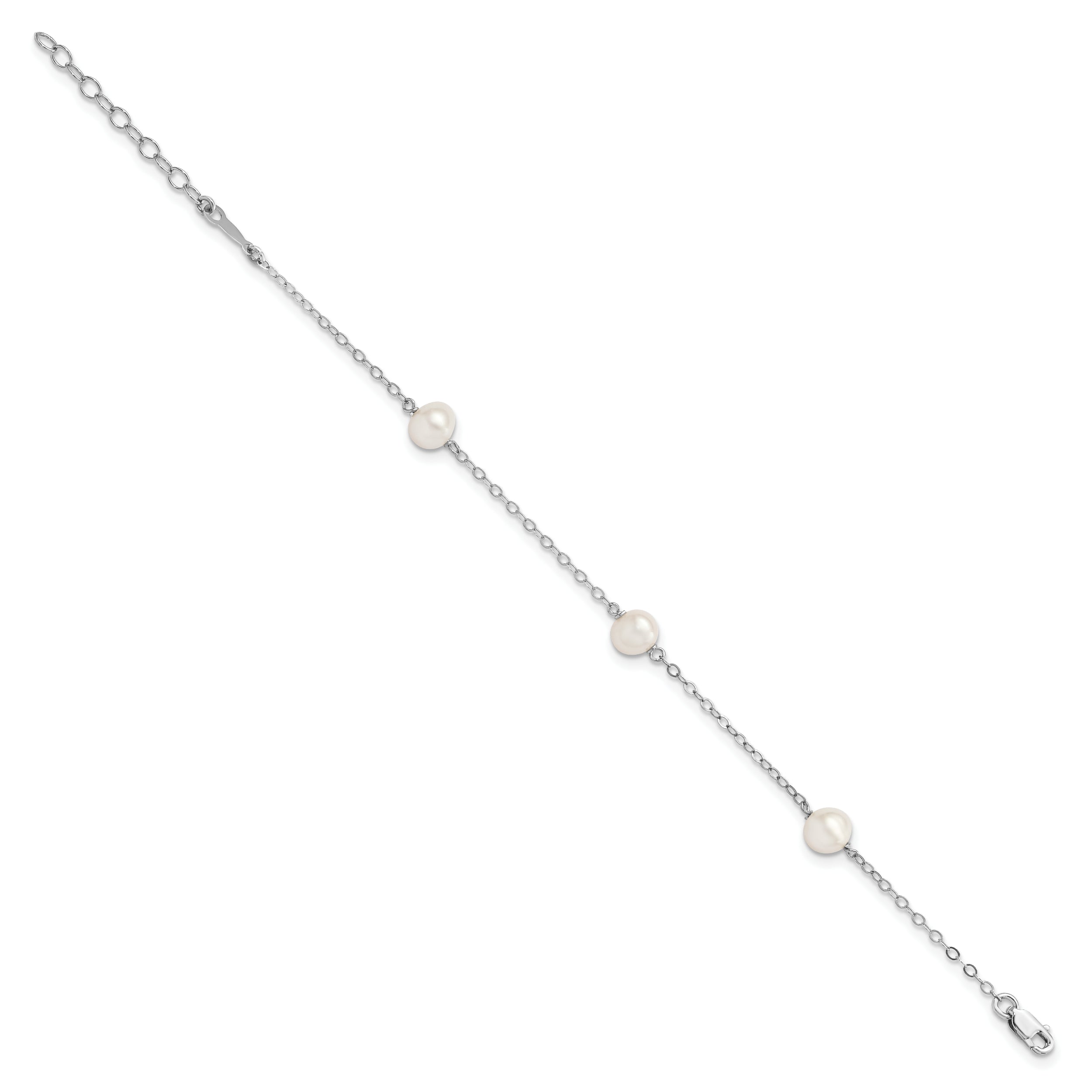 Sterling Silver Rhodium-plated 5-6mm White Freshwater Cultured Pearl 3-Stations 5.5 inch with 1 inch Extension Bracelet