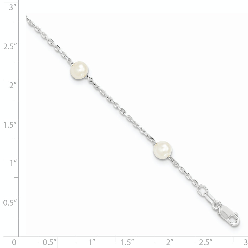 Sterling Silver Rhodium-plated 5-6mm White Freshwater Cultured Pearl 3-Stations 5.5 inch with 1 inch Extension Bracelet