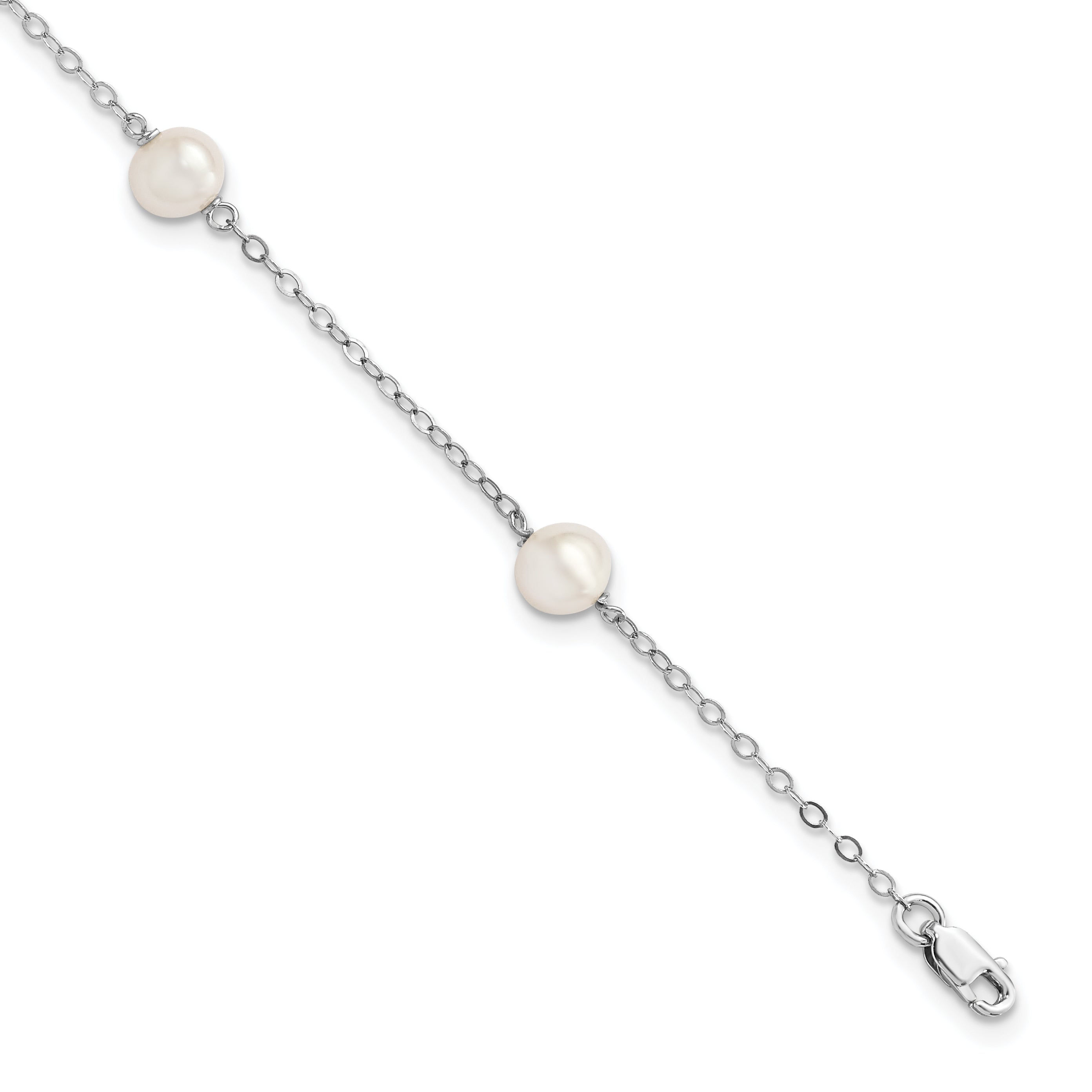 Sterling Silver Rhodium-plated 5-6mm White Freshwater Cultured Pearl 3-Stations 5.5 inch with 1 inch Extension Bracelet