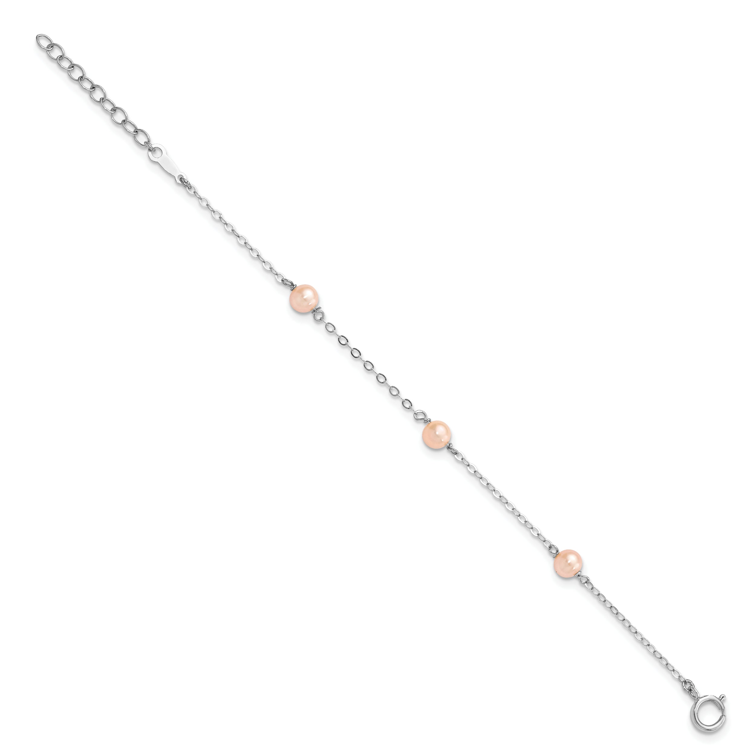 Sterling Silver Rhodium-plated 4-5mm Pink Semi-Round Freshwater Cultured Pearl 3-Station 5 inch with 1 inch Extension Children's Bracelet