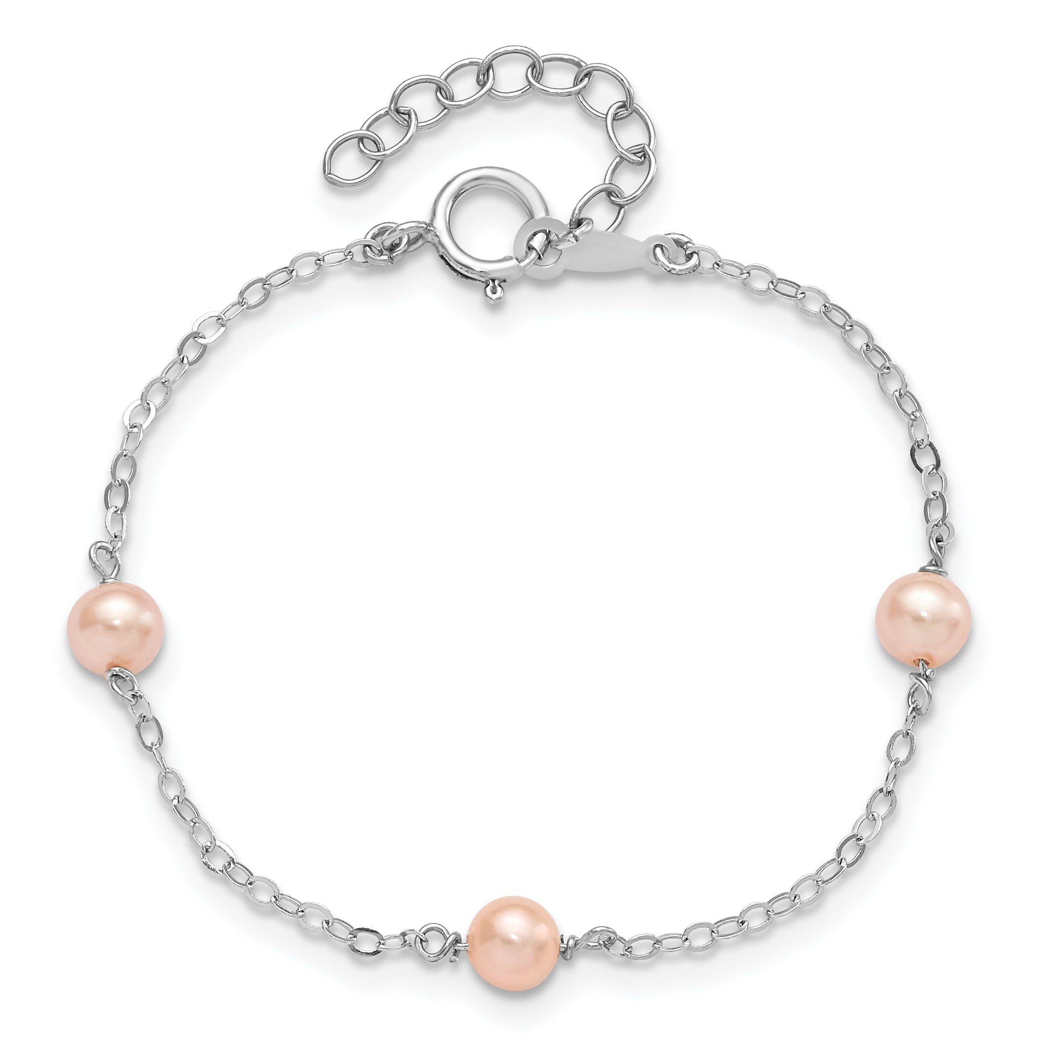 Sterling Silver Rhodium-plated 4-5mm Pink Semi-Round Freshwater Cultured Pearl 3-Station 5 inch with 1 inch Extension Children's Bracelet
