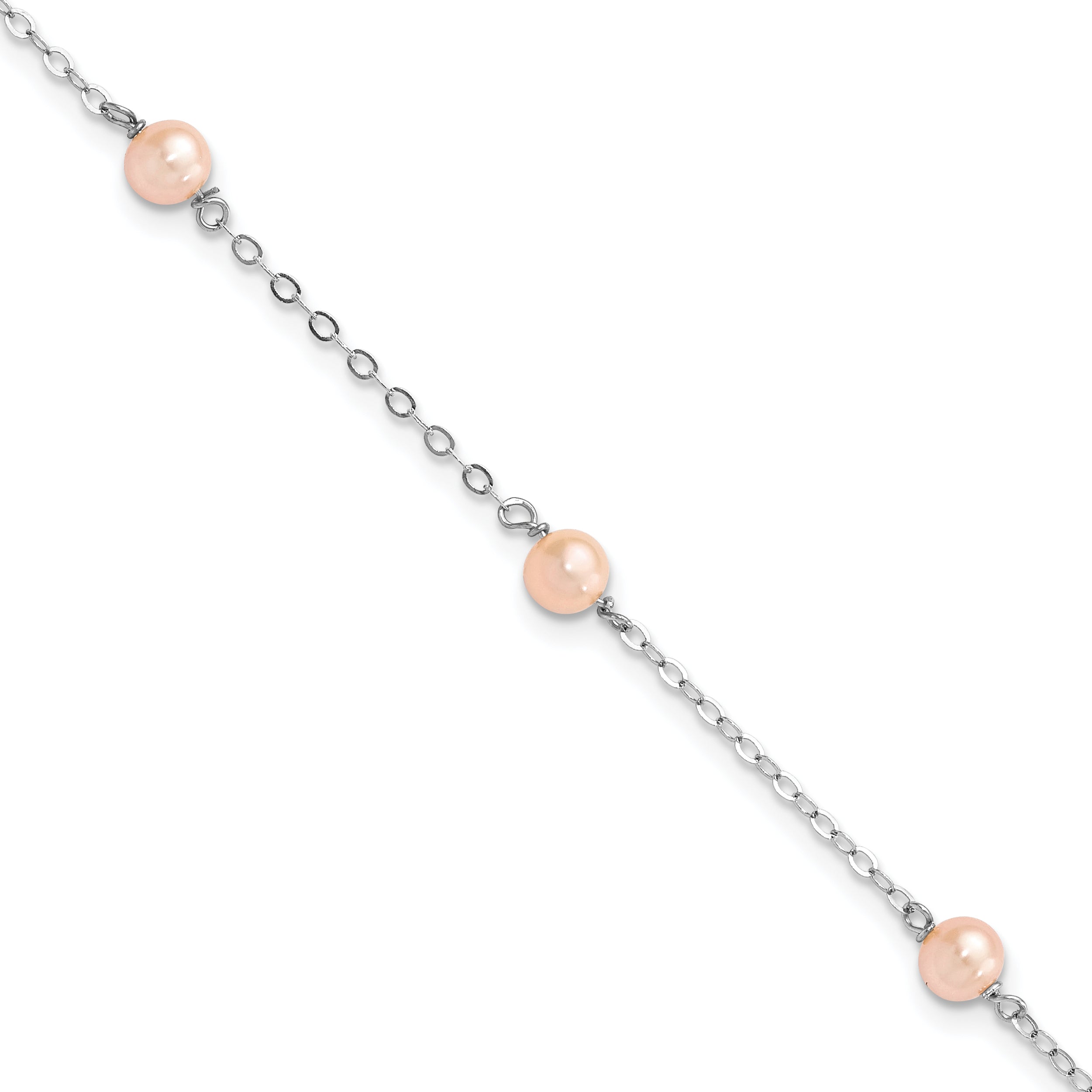 Sterling Silver Rhodium-plated 4-5mm Pink Semi-Round Freshwater Cultured Pearl 3-Station 5 inch with 1 inch Extension Children's Bracelet