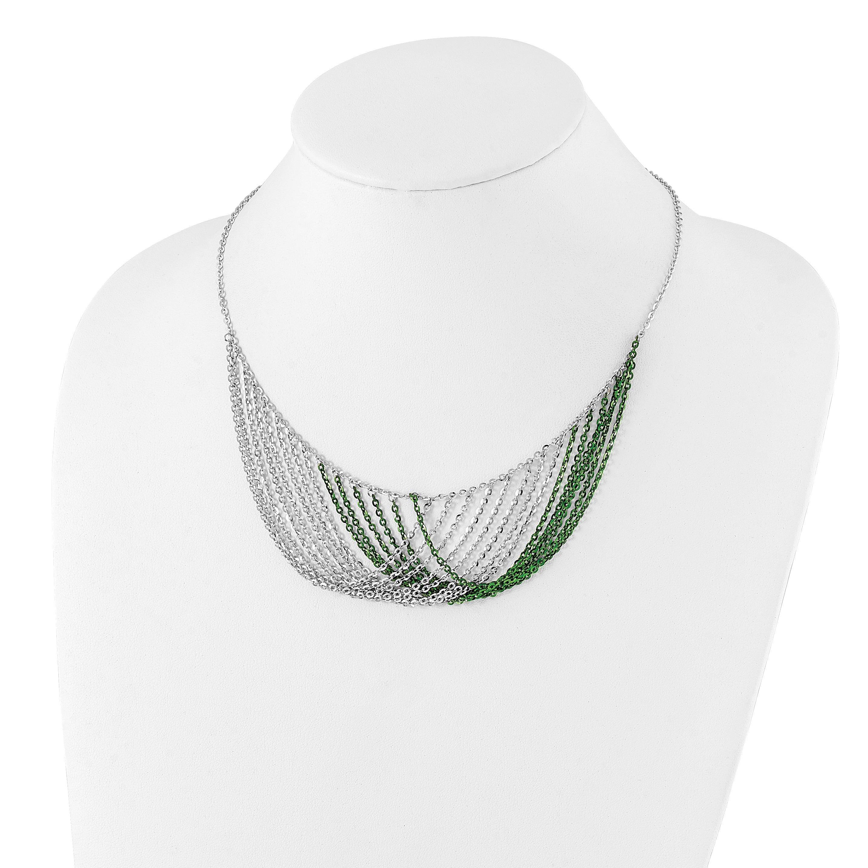 Sterling Silver Rhodium & Green-plated Multi-Strand w/2in ext Necklace