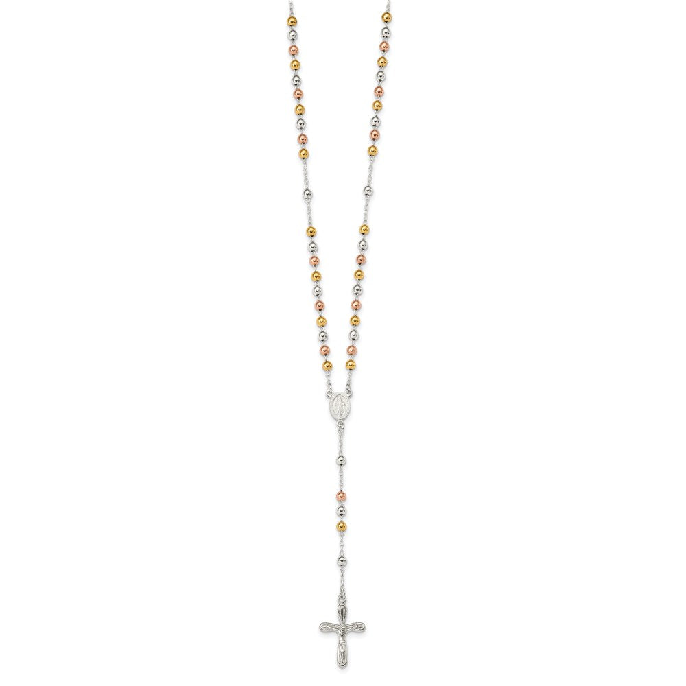 Sterling Silver Polished White Rose and Yellow Bead Rosary 18 inch Necklace