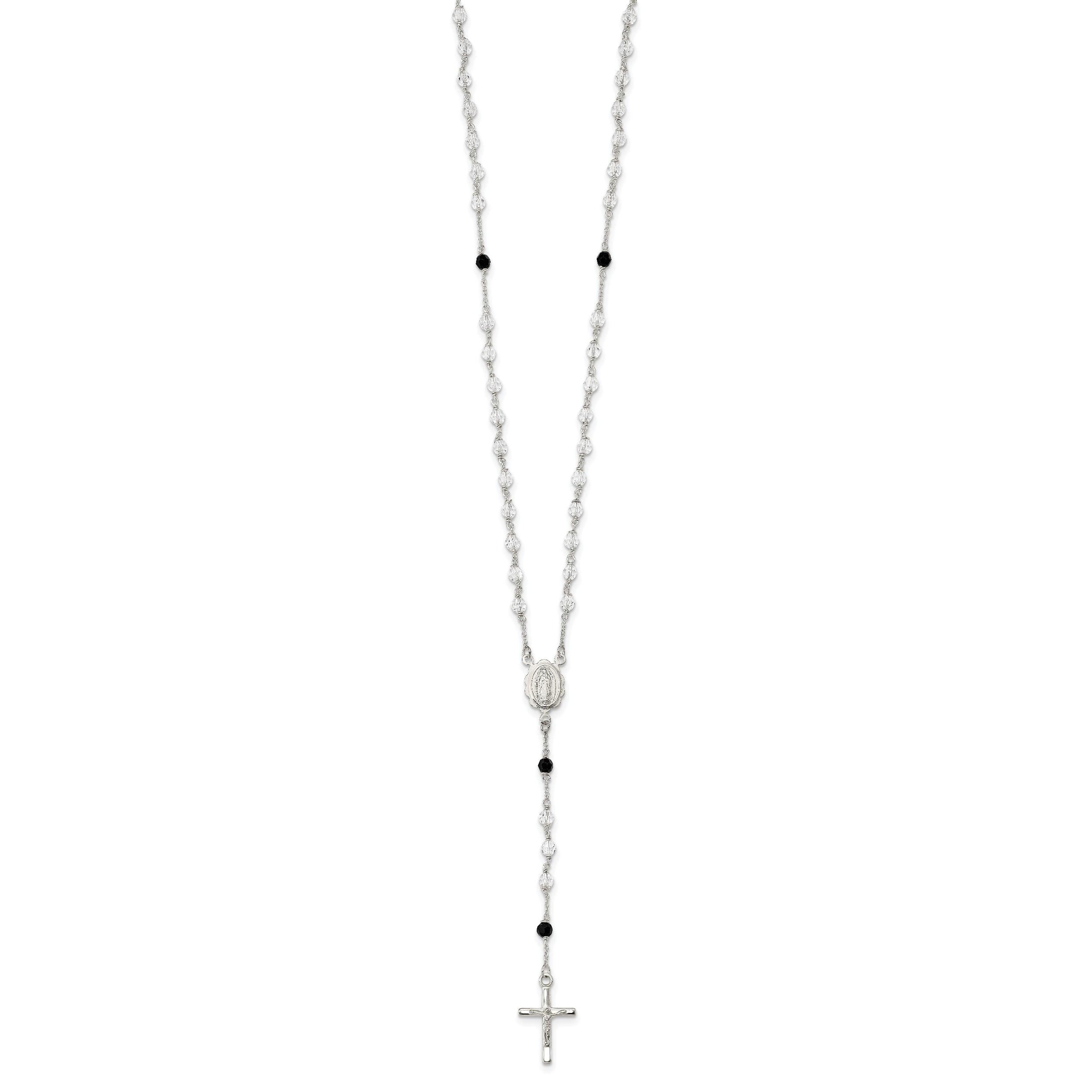Sterling Silver Polished and Black Crystal Bead Rosary 23.5 inch Necklace
