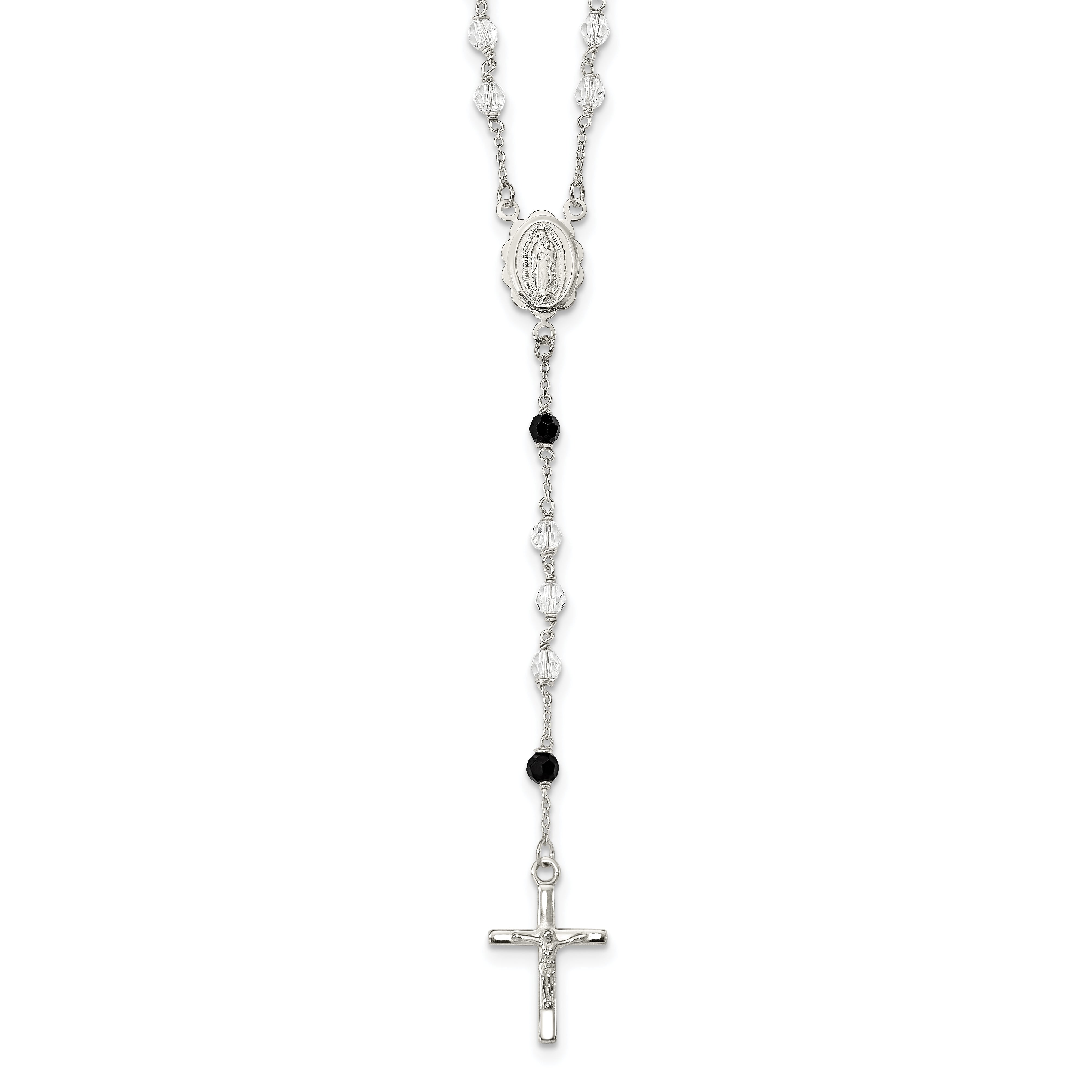 Sterling Silver Polished and Black Crystal Bead Rosary 23.5 inch Necklace