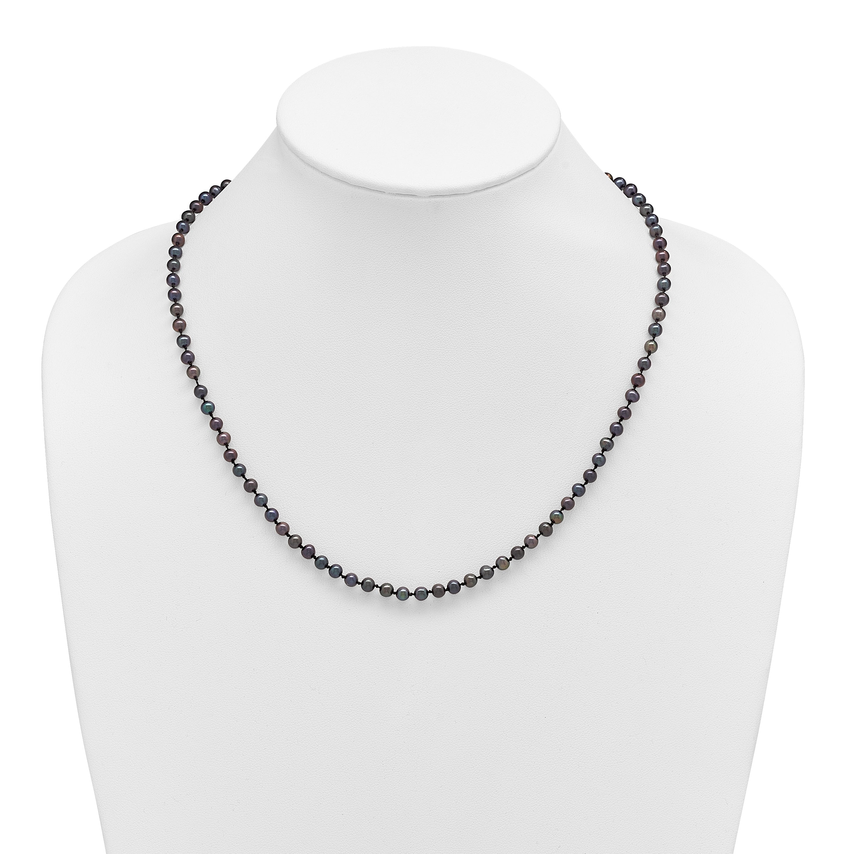 Sterling Silver Rhodium-plated 4-5mm Black Near-Round Freshwater Cultured Pearl 18 inch Necklace