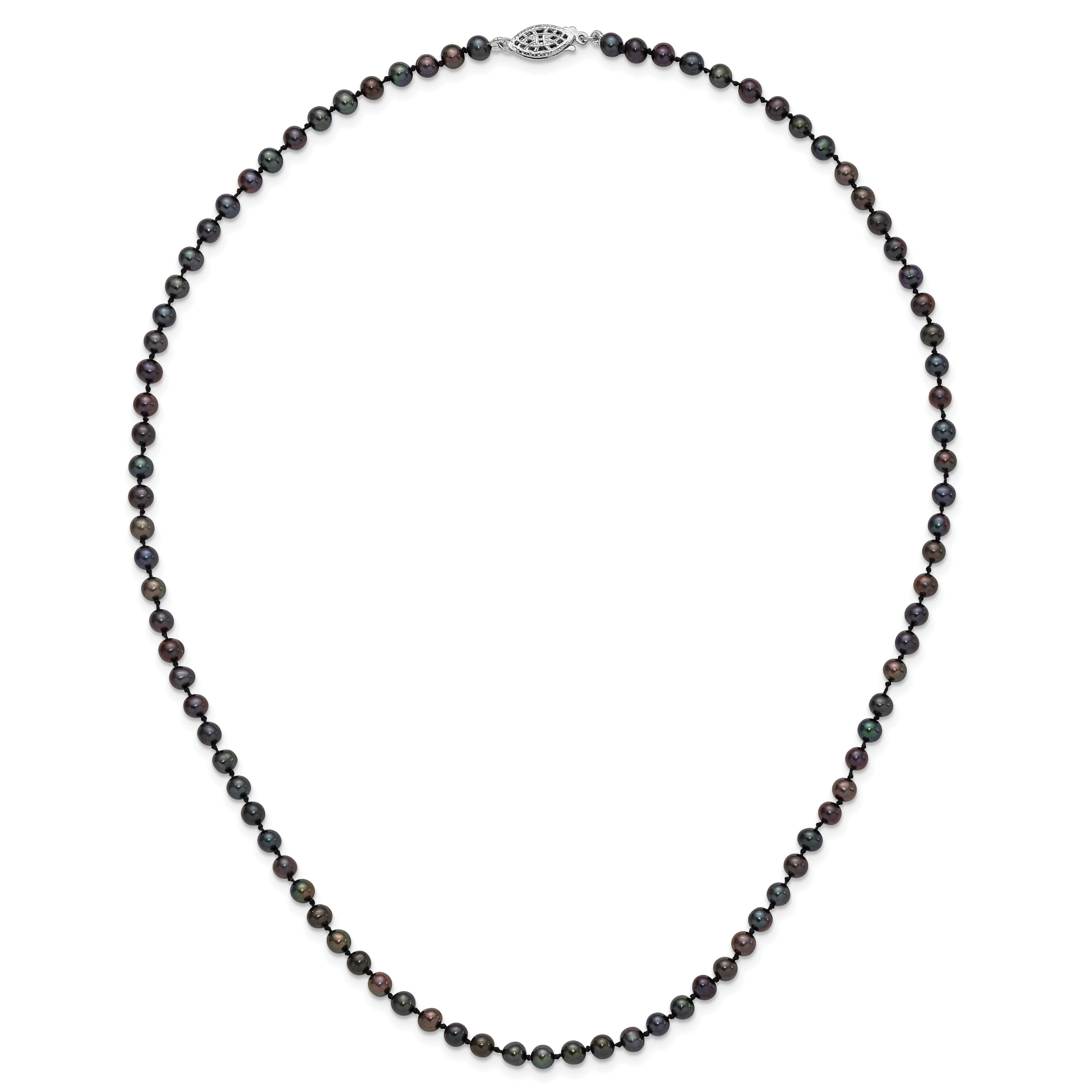 Sterling Silver Rhodium-plated 4-5mm Black Near-Round Freshwater Cultured Pearl 18 inch Necklace