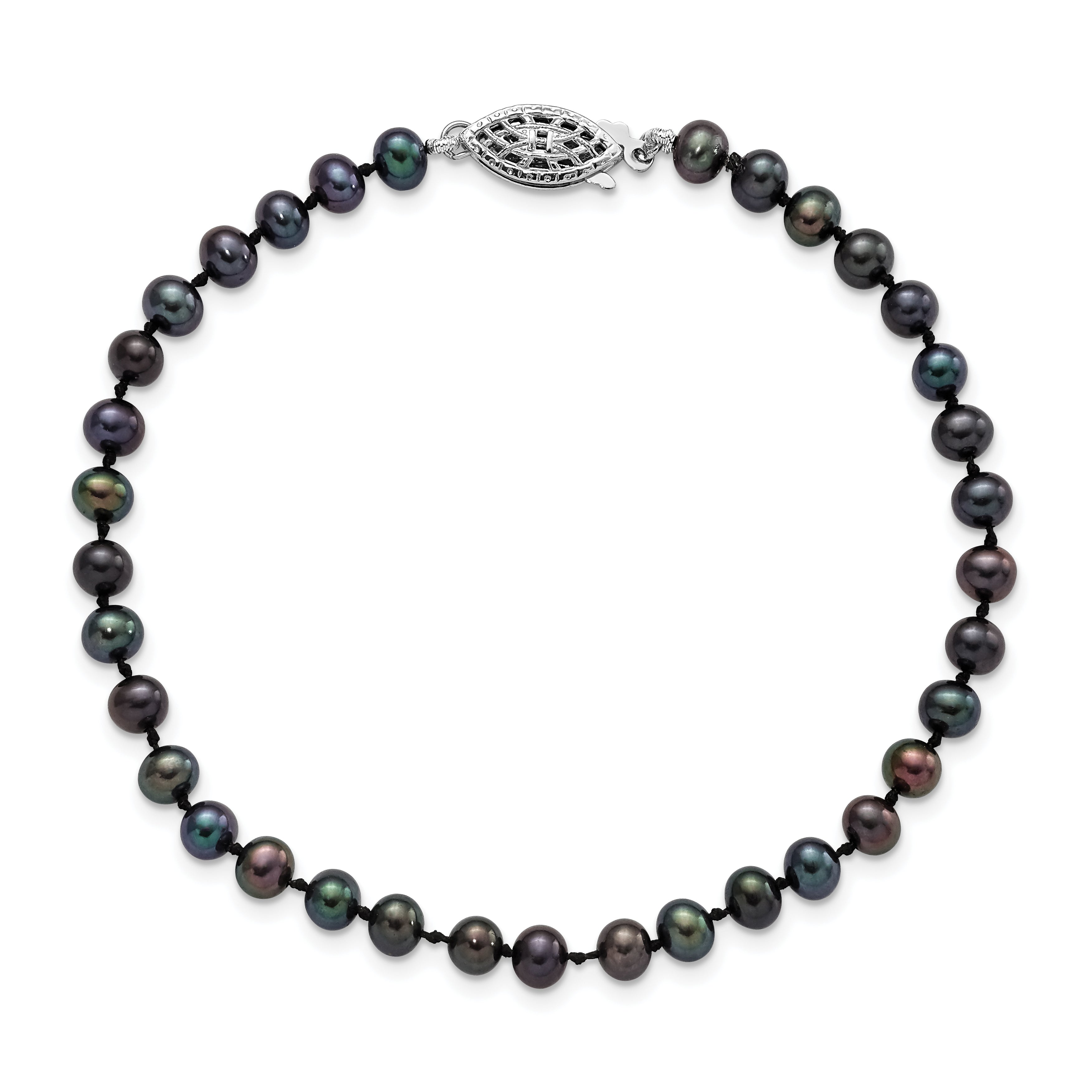 Sterling Silver Rhodium-plated 4-5mm Black Near-Round Freshwater Cultured Pearl 7.25 inch Bracelet