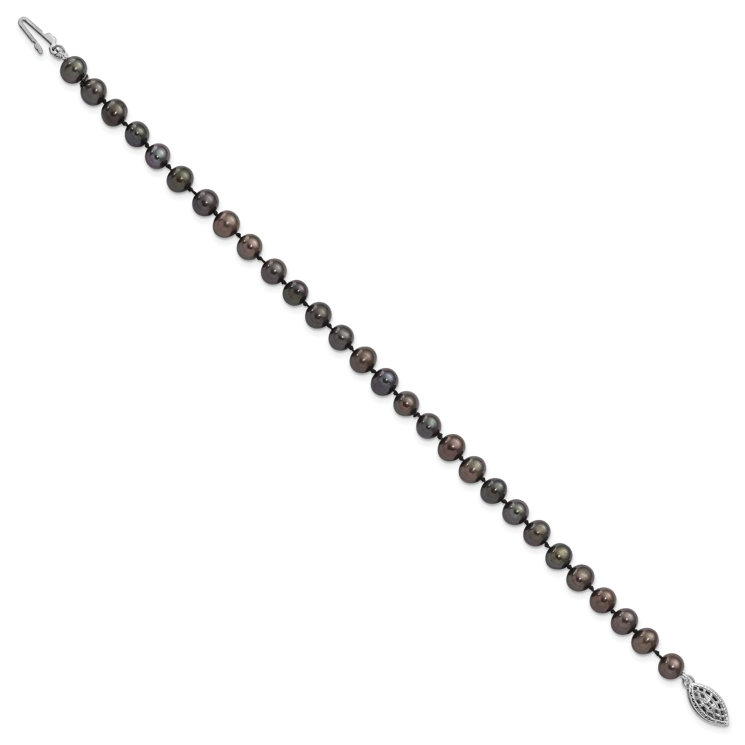 Sterling Silver Rhodium-plated 5-6mm Black Near-Round Freshwater Cultured Pearl 7.25 inch Bracelet