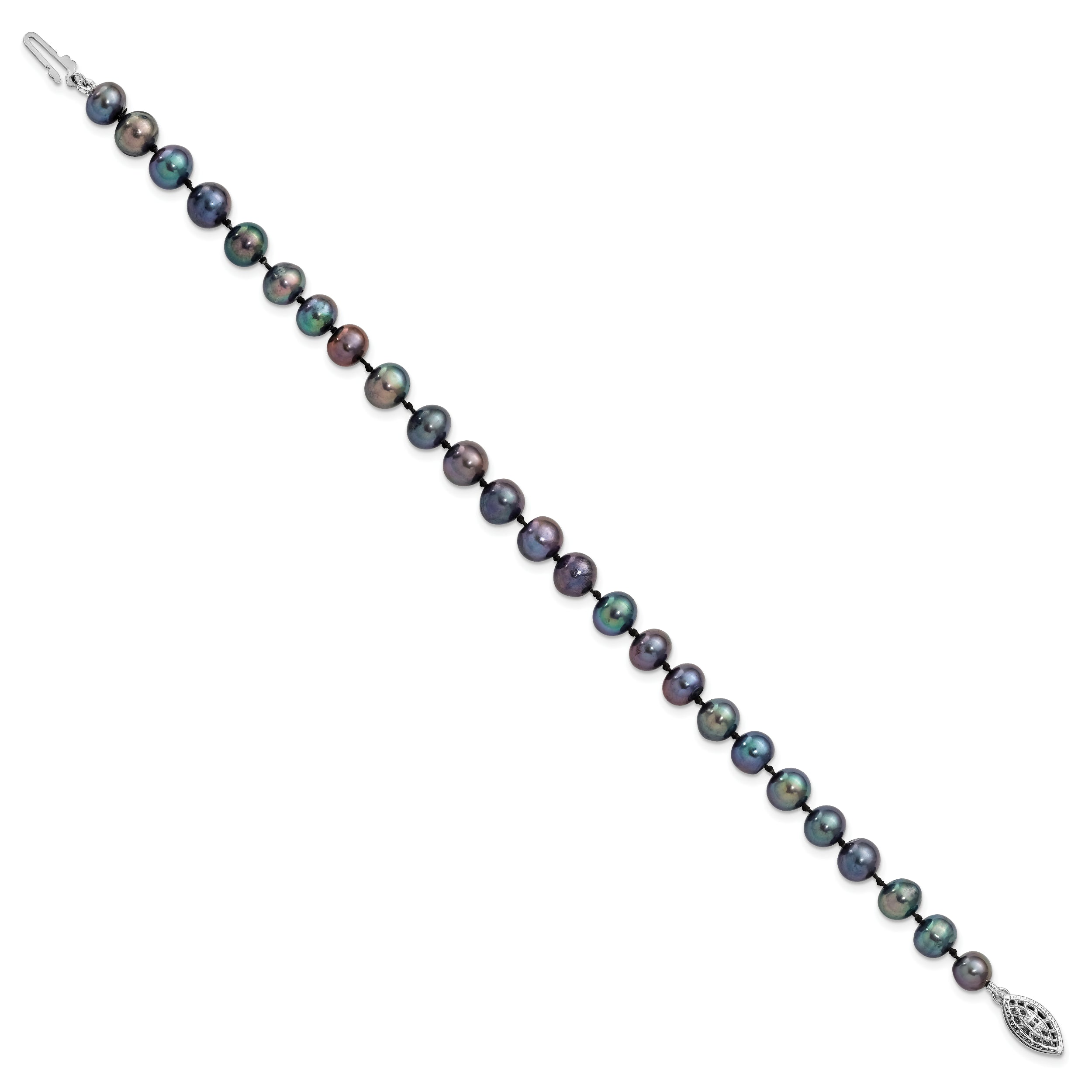Sterling Silver Rhodium-plated 6-7mm Black Near-Round Freshwater Cultured Pearl 7.25 inch Bracelet