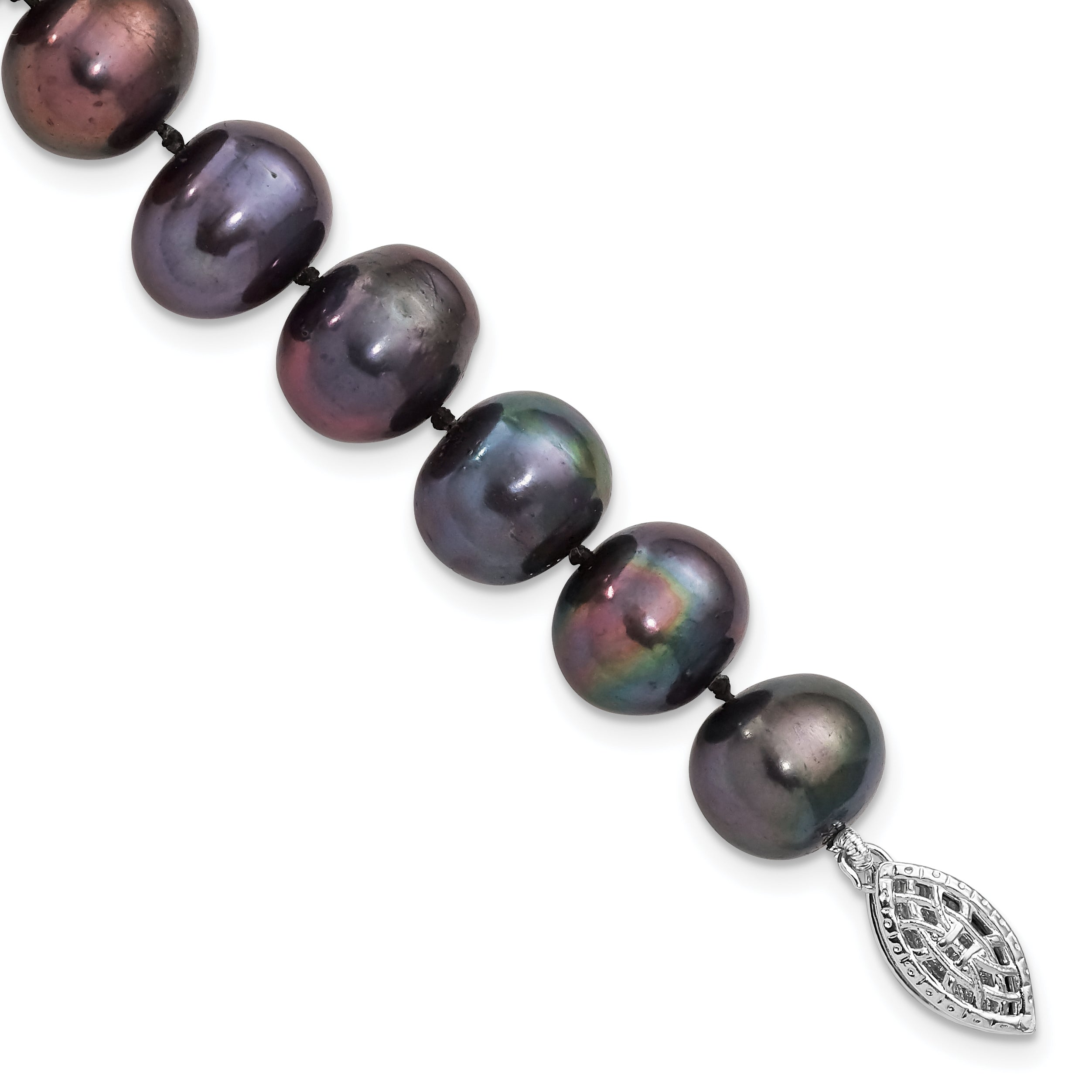 Sterling Silver Rhodium-plated 9-10mm Black Near-Round Freshwater Cultured Pearl 7.25 inch Bracelet