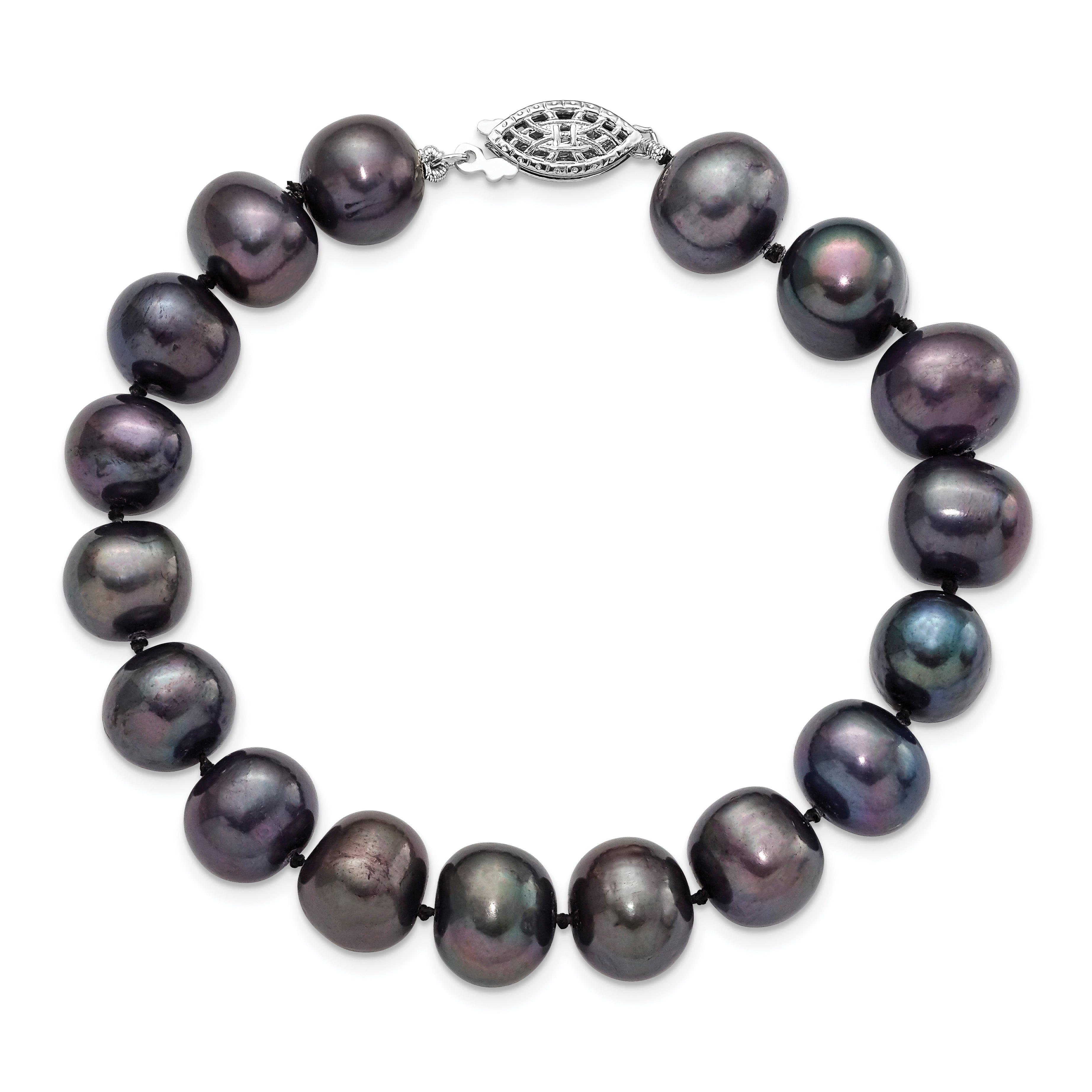 Sterling Silver Rhodium-plated 10-11mm Black Near-Round Freshwater Cultured Pearl 7.25 inch Bracelet