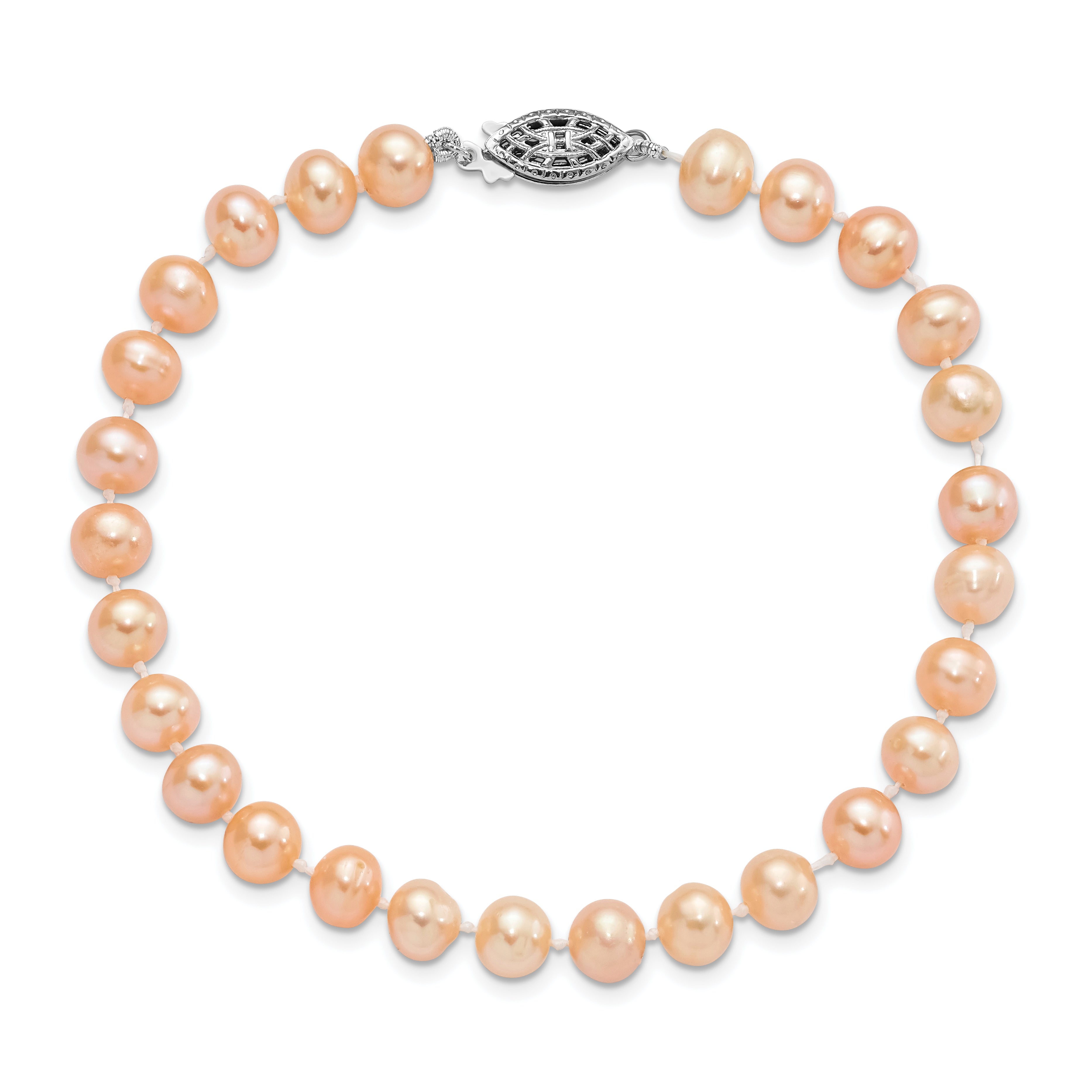 Sterling Silver Rhodium-plated 6-7mm Pink Near-Round Freshwater Cultured Pearl 7.25 inch Bracelet