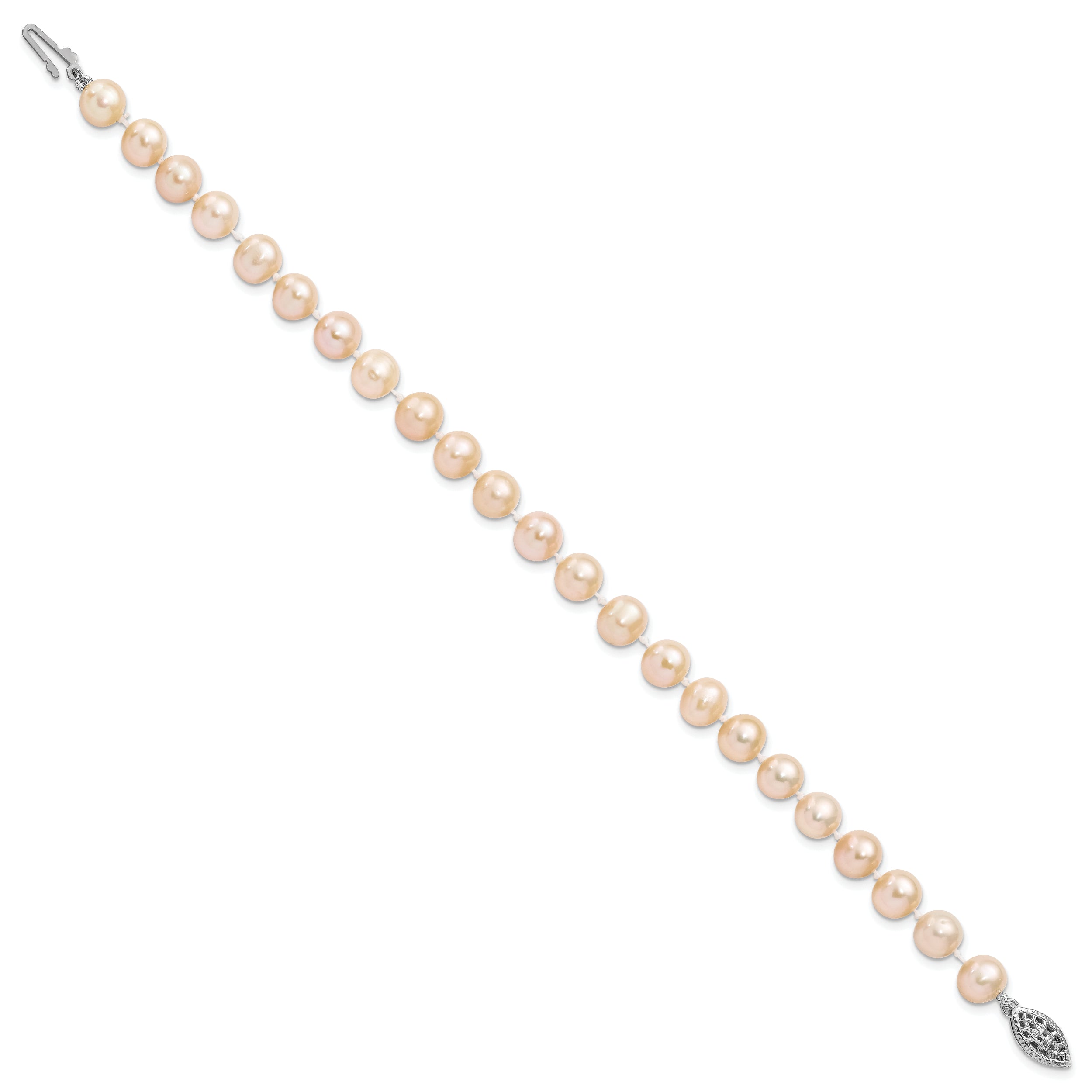 Sterling Silver Rhodium-plated 7-8mm Pink Near-Round Freshwater Cultured Pearl 7.25 inch Bracelet