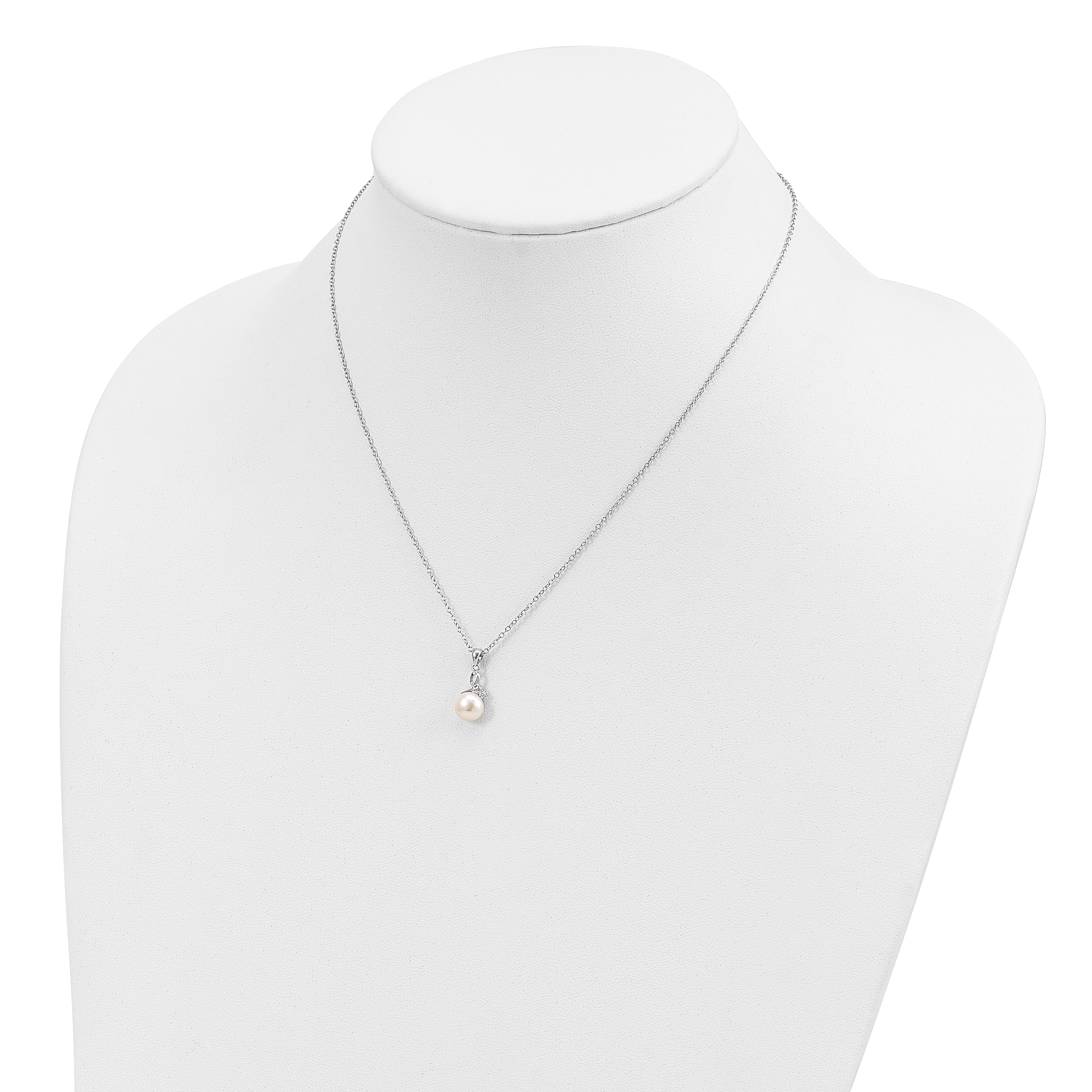 Sterling Silver Rhodium-plated 7-8mm White Semi-Round Freshwater Cultured Pearl and CZ 17 inch Necklace and Dangle Earrings Set